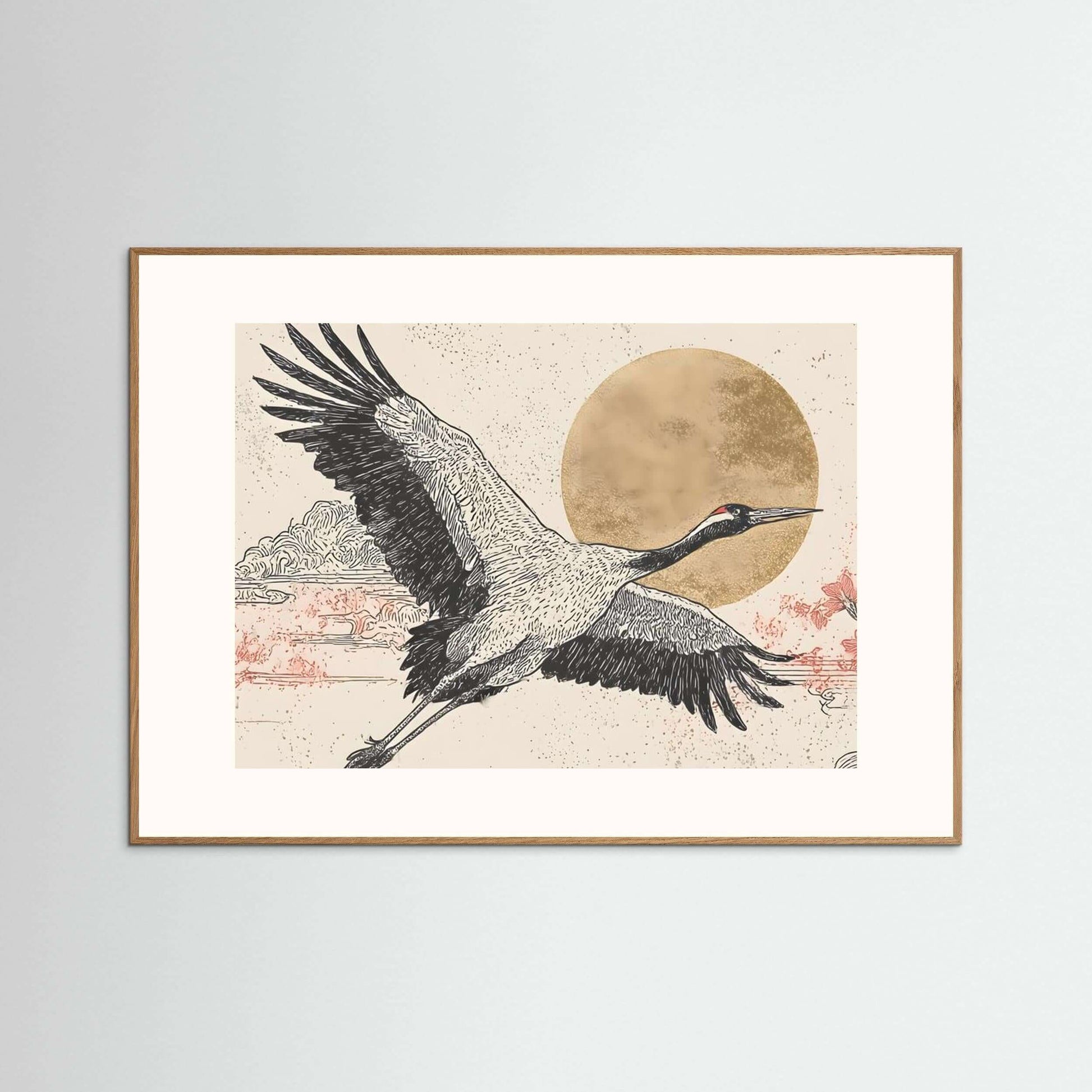 Golden Flight — Minimalist Crane Wall Art with Rising Sun