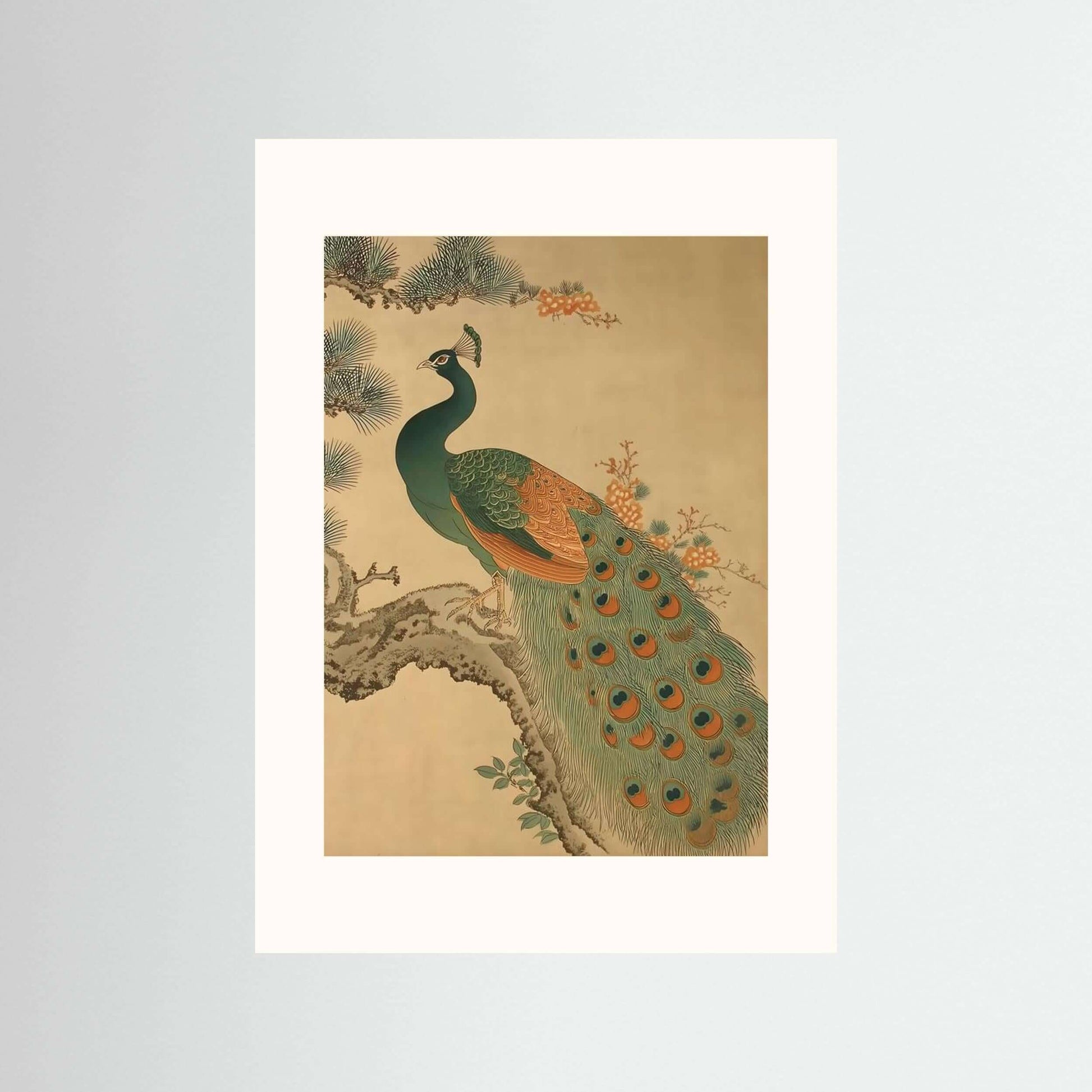 Golden Pine Peacock — Traditional Asian Peacock Wall Art Print