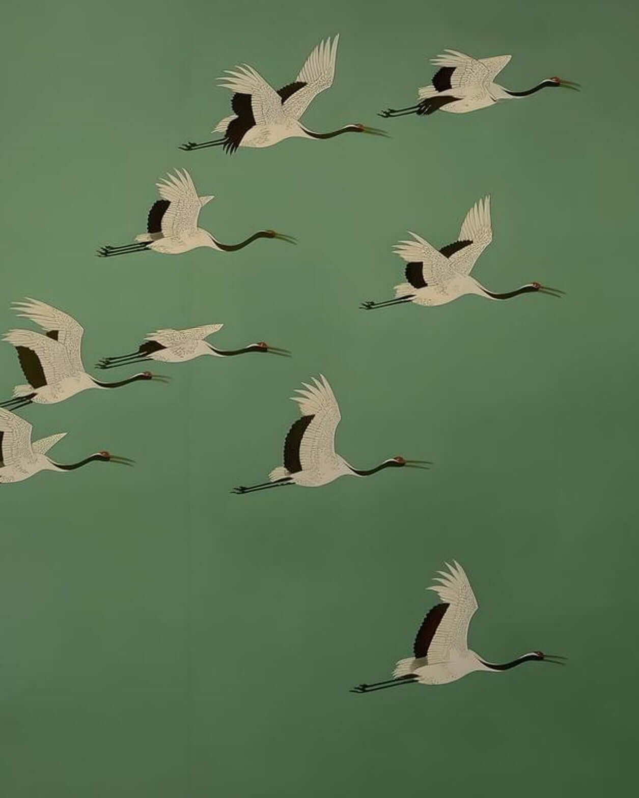 Japanese Cranes Art | Flock Flying Green Ukiyo-e Print