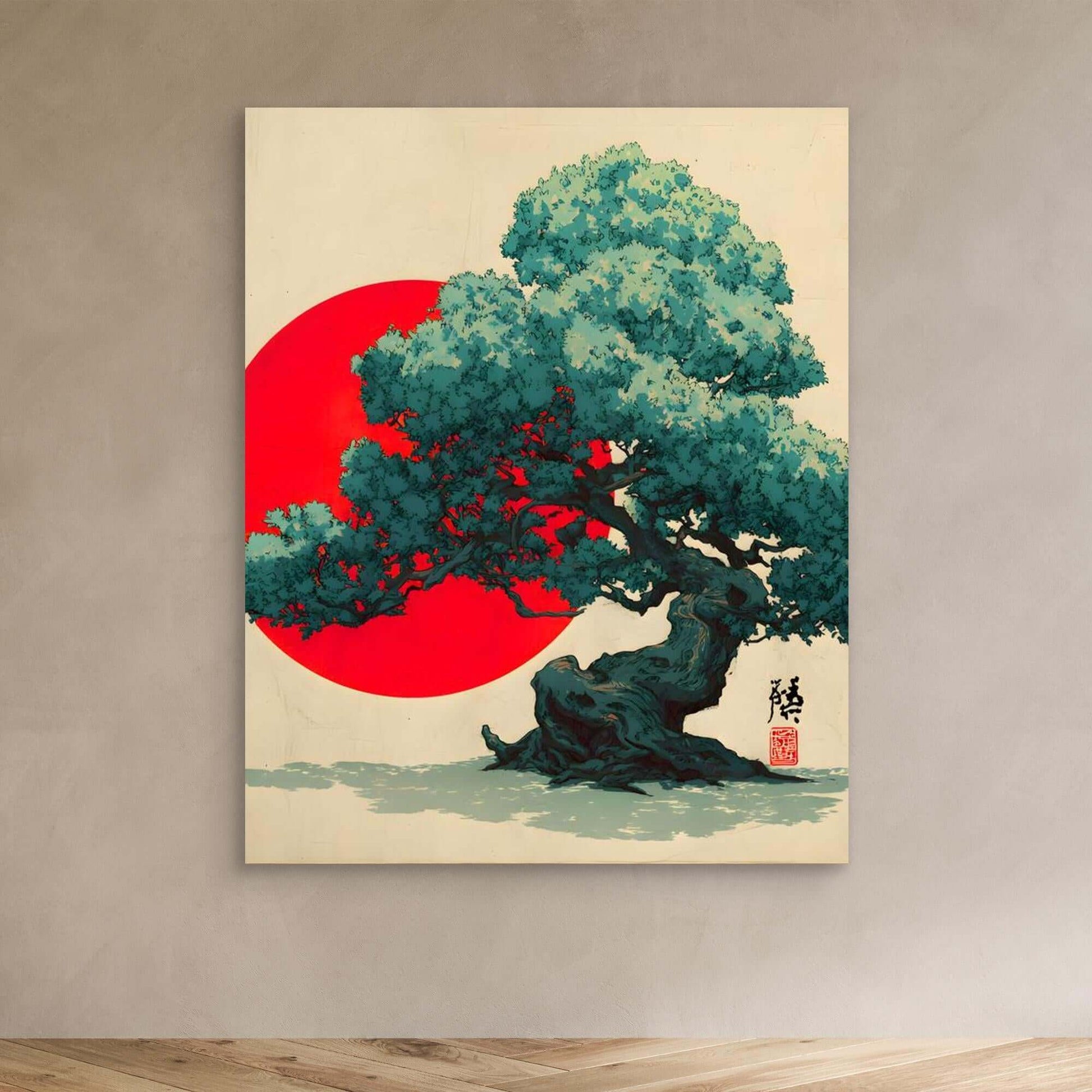 Japanese Red Sun Tree Art | Teal Bonsai Ukiyo-e Style Illustration