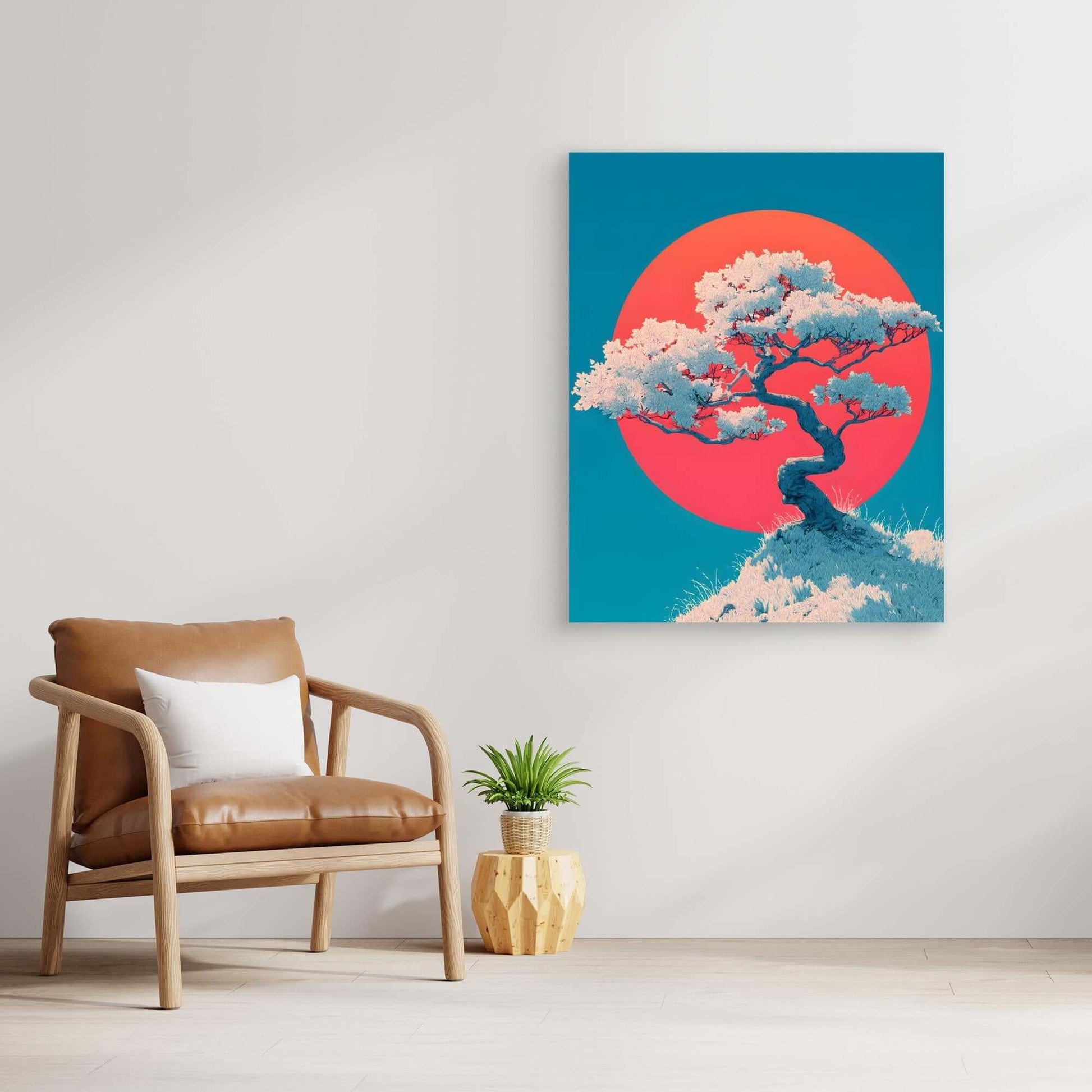 Japanese Cherry Blossom Tree Art | Red Sun Teal Background Illustration