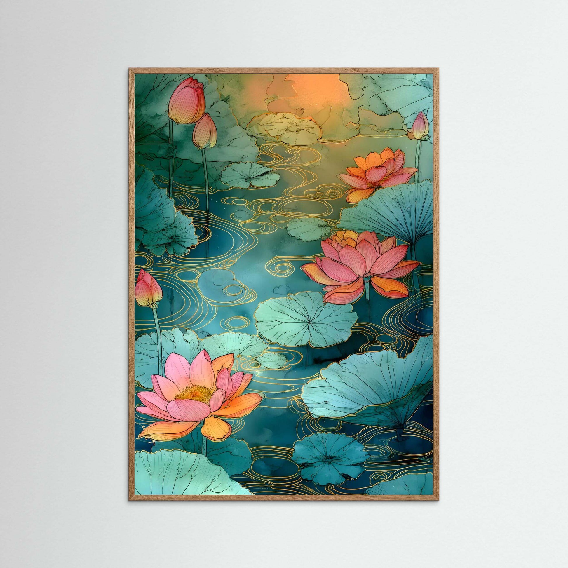  Japandi botanical wall art print-Golden Lotus Flow