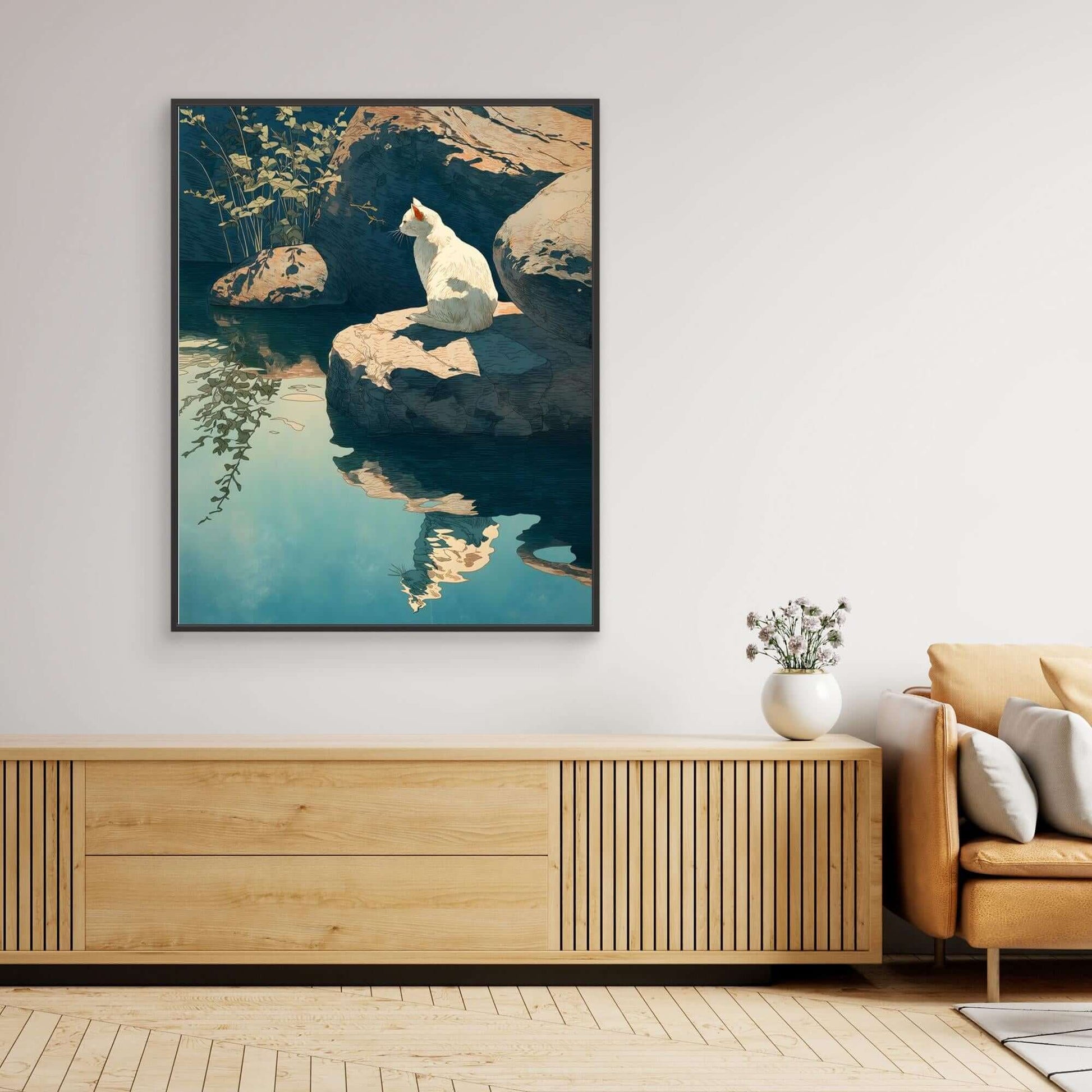 Japanese Cat Art | White Cat Pond Reflection Ukiyo-e Print