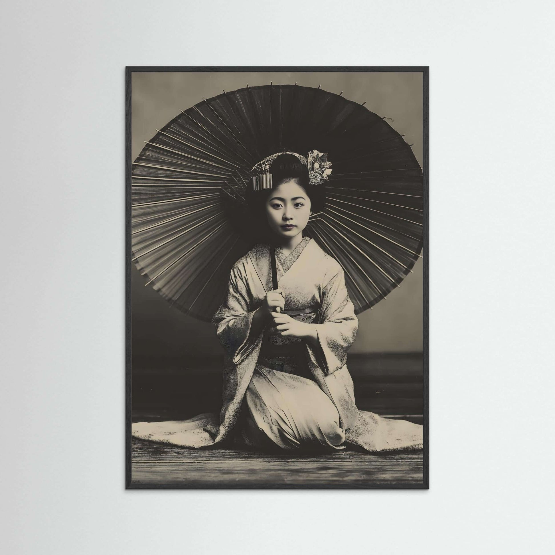 Japanese Geisha Wall Art Print – Timeless Black & White Portrait with Umbrella