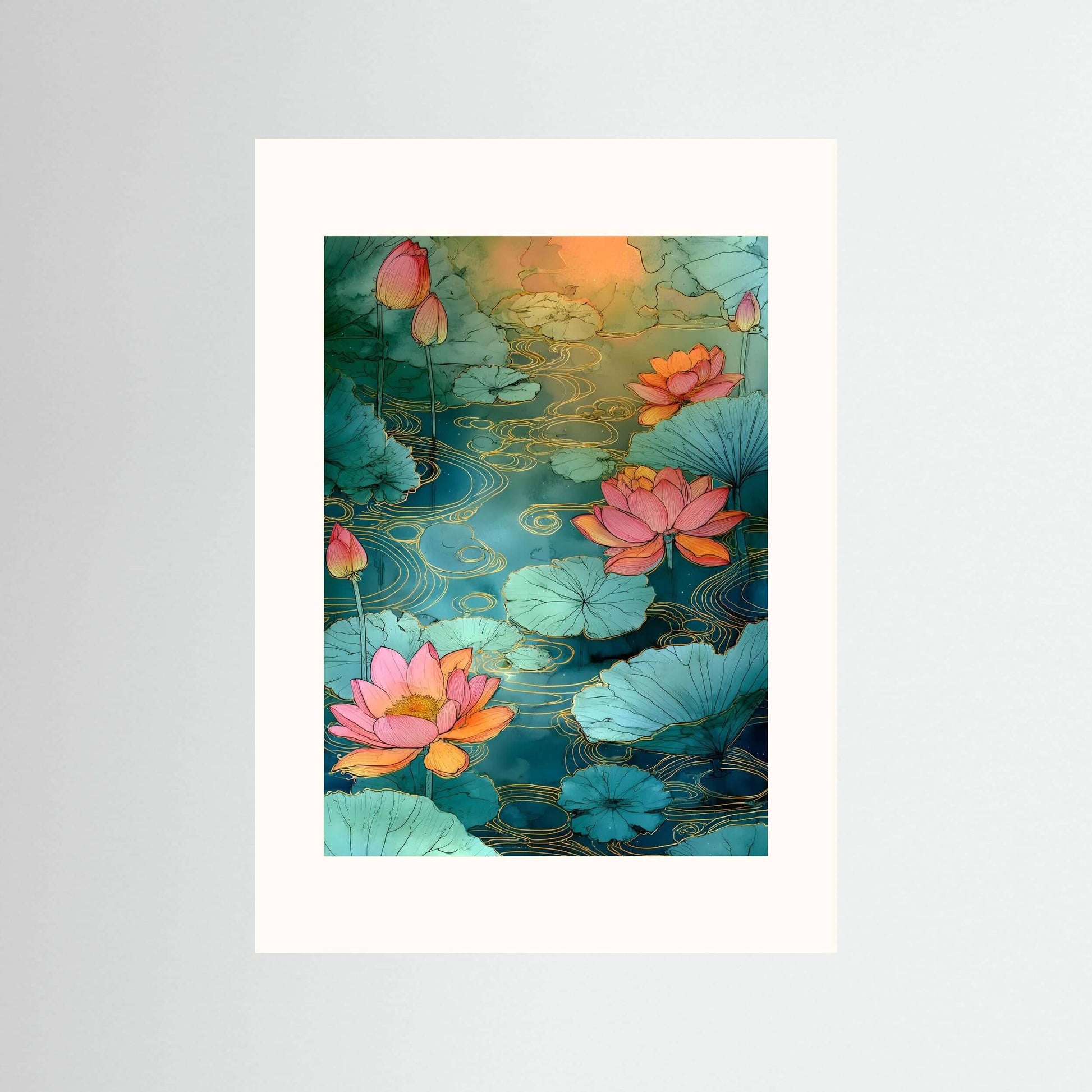  Japandi botanical wall art print-Golden Lotus Flow