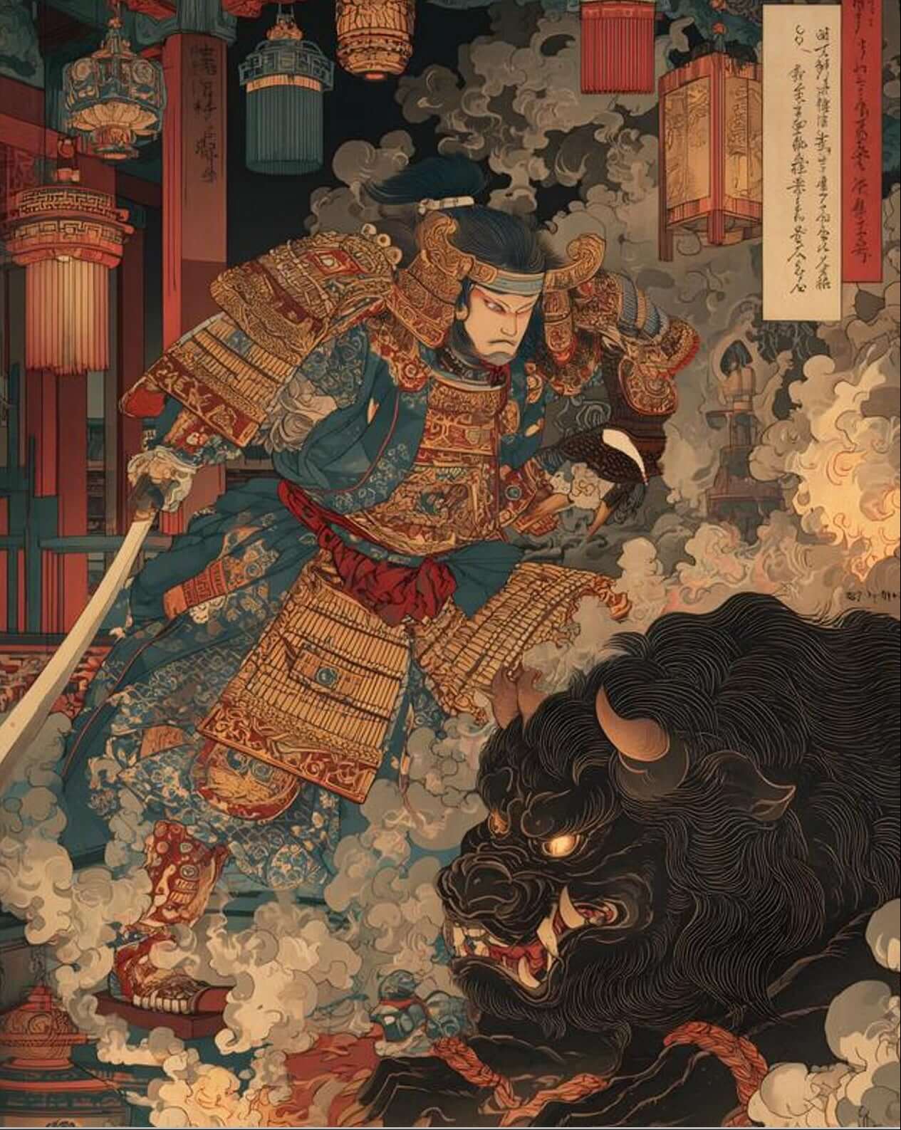 Japanese Samurai Demon Battle Art | Ukiyo-e Warrior Print