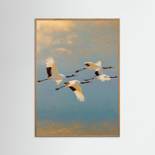 Cranes in Flight at Golden Sky