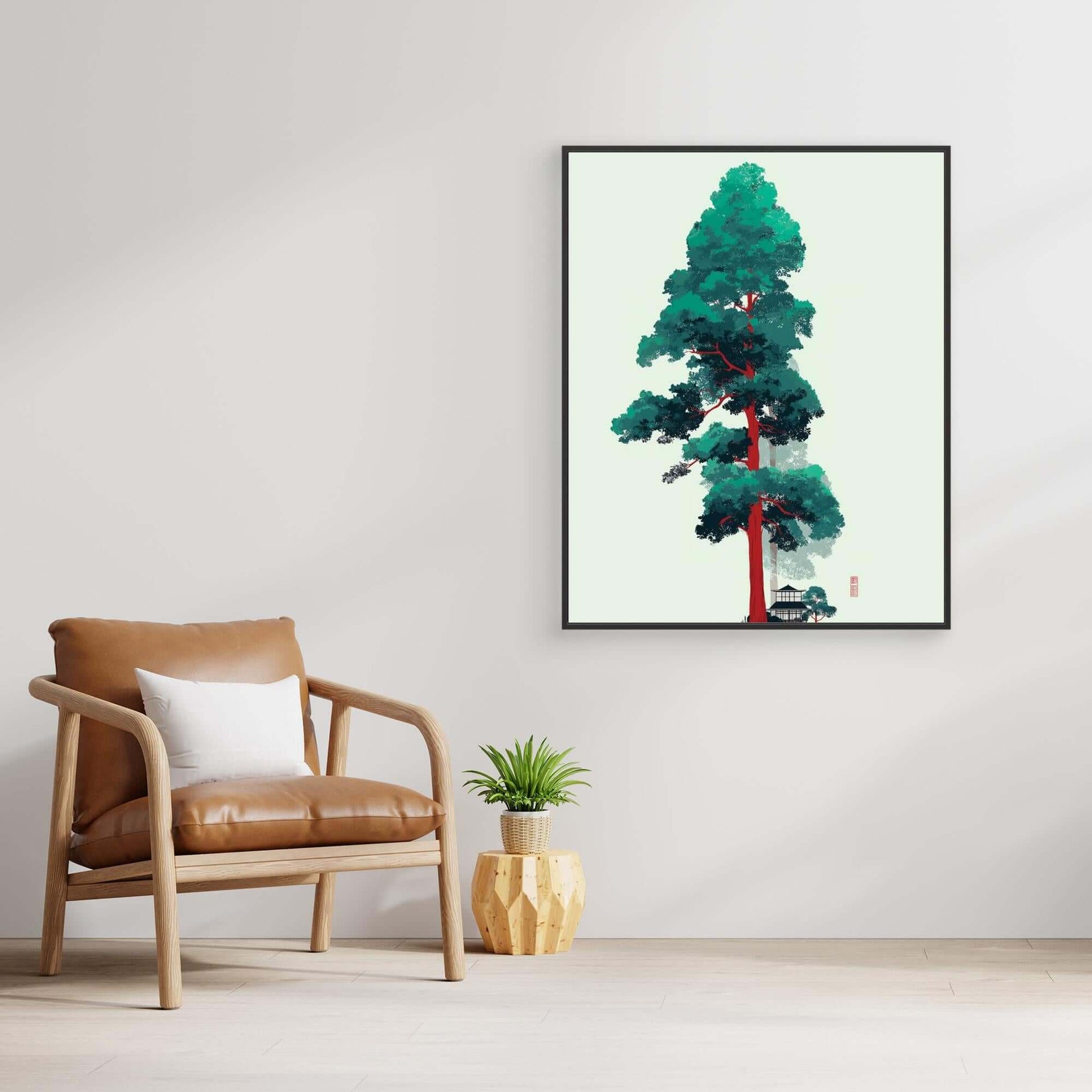 Japanese Tree Illustration | Red Trunk Green Leaves Minimalist Art