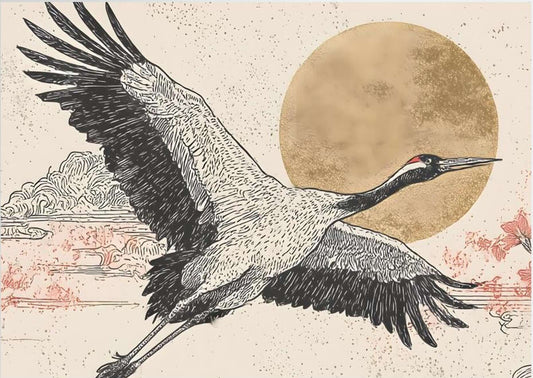 Golden Flight — Minimalist Crane Wall Art with Rising Sun