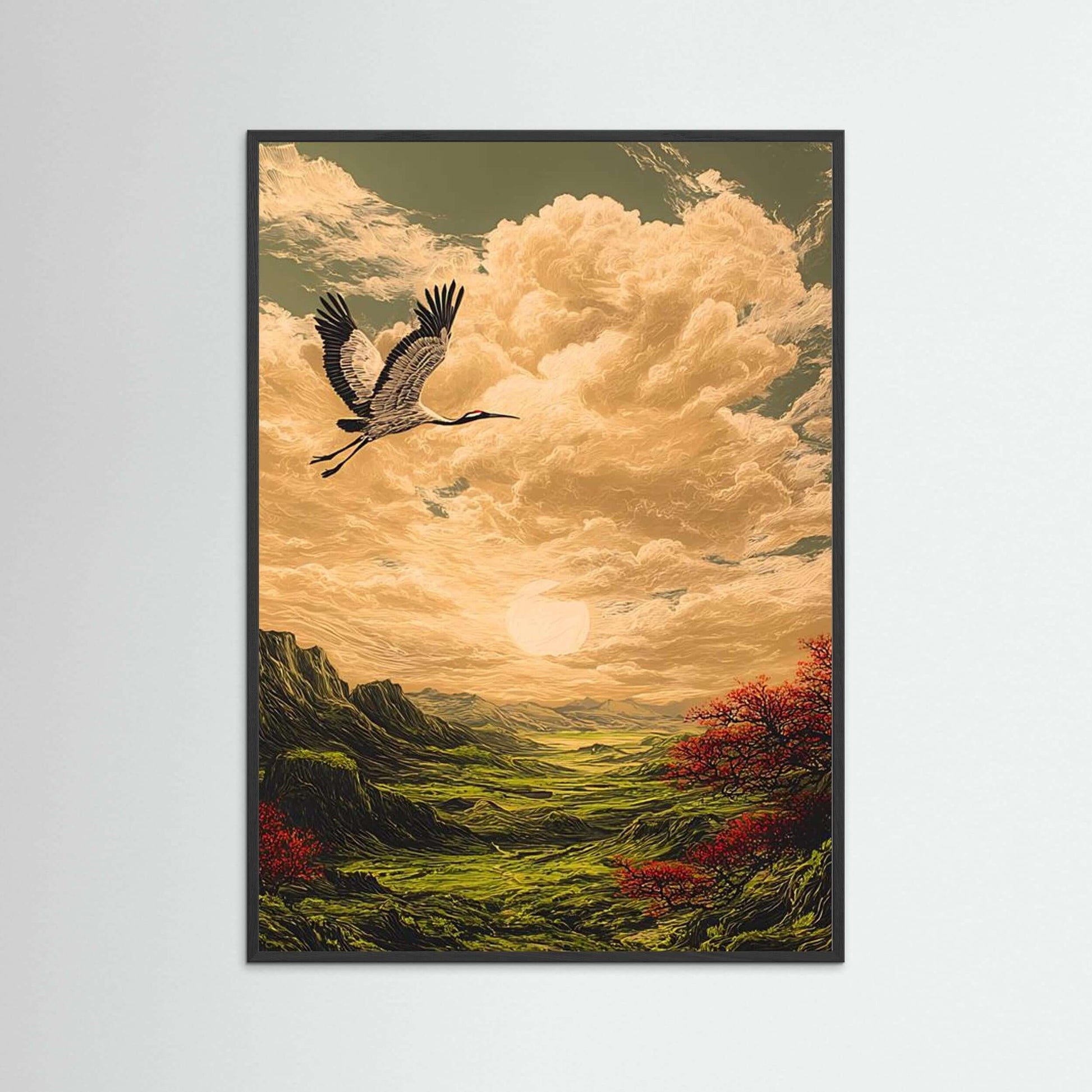Crane Wall Art depicting a crane soaring over an emerald valley under a golden horizon with dramatic clouds.