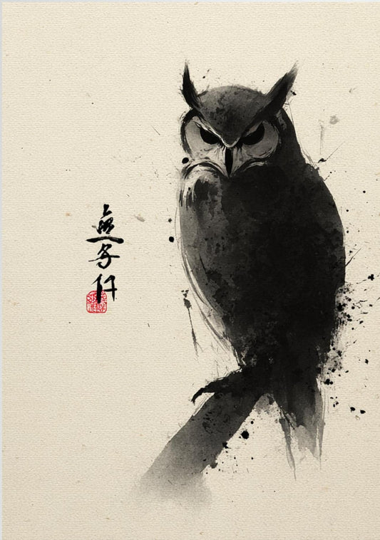 Watcher in Silence – Minimalist Ink Owl Wall Art