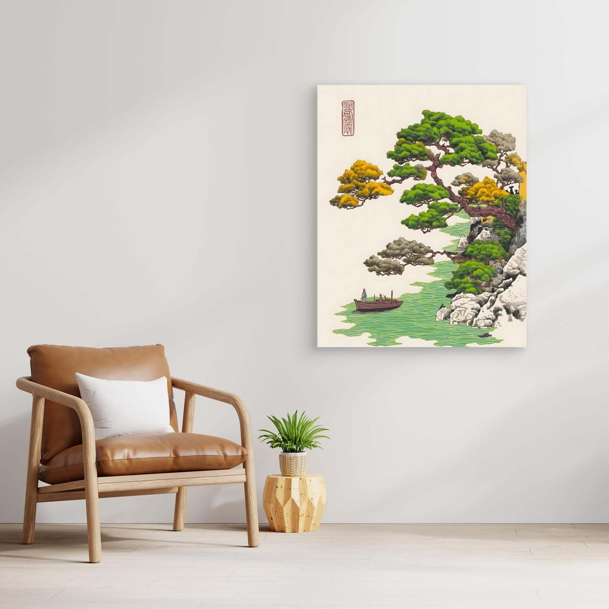 Ukiyo-e Pine Tree Landscape with Boat | Japanese Woodblock Print Art (67 characters)