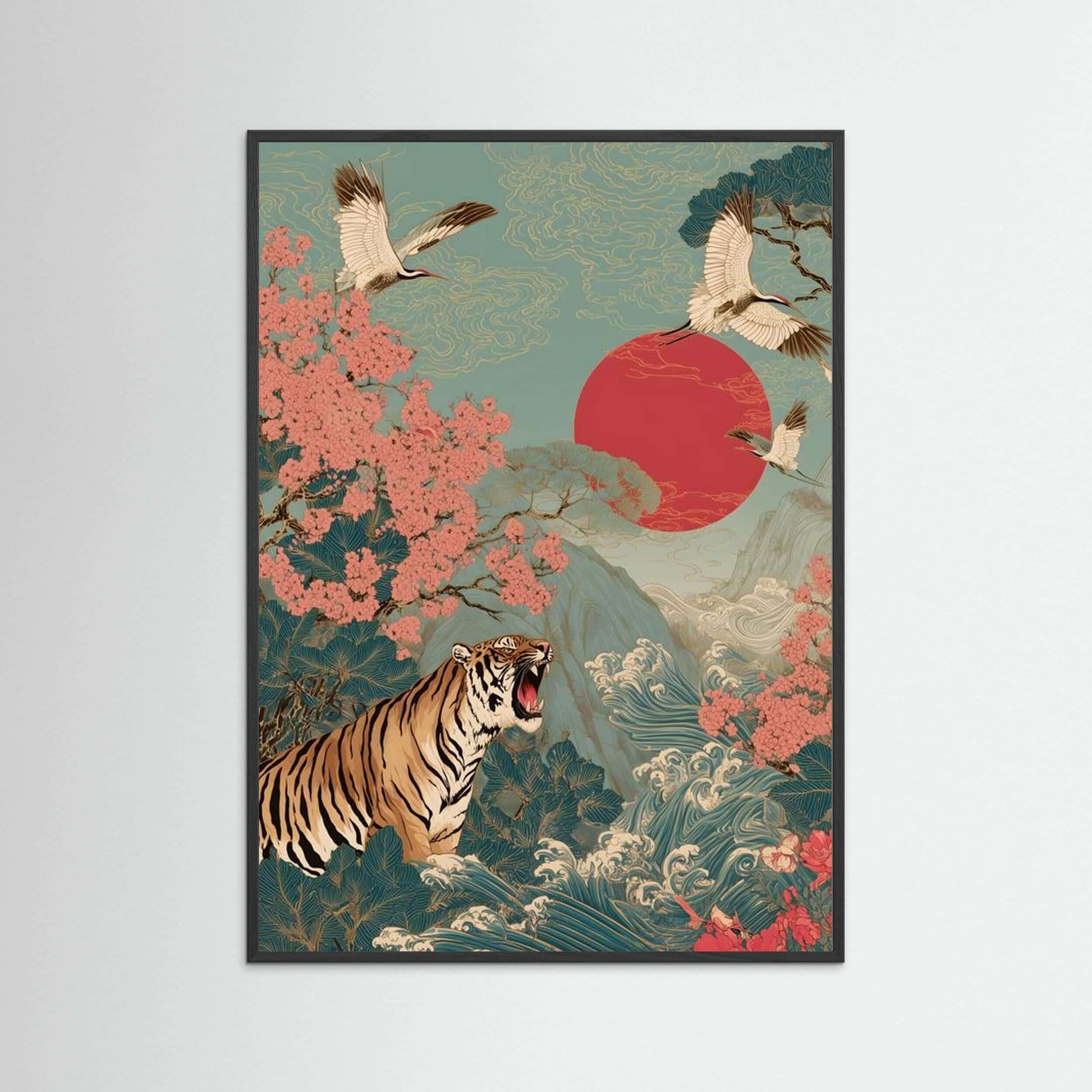 Crimson Sun Ascension — Tiger, Cranes & Sakura Japanese Wall Art