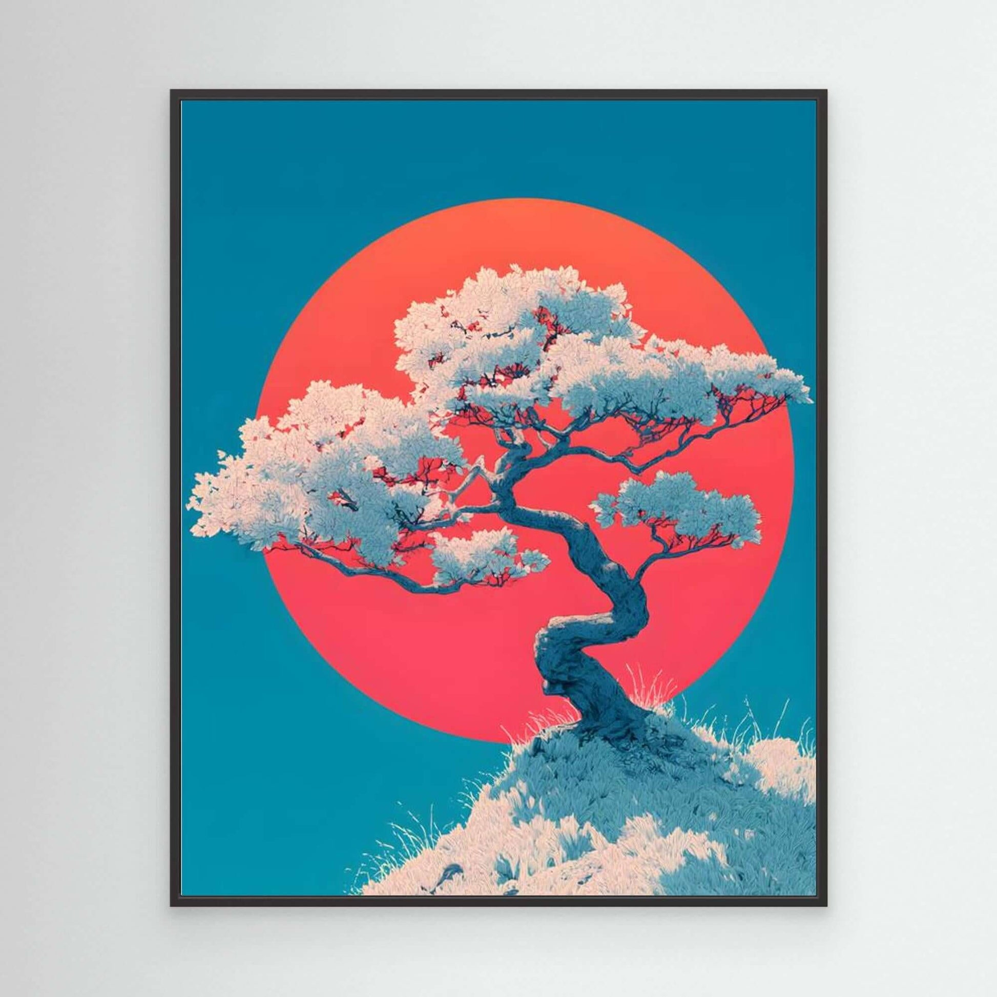 Japanese Cherry Blossom Tree Art | Red Sun Teal Background Illustration
