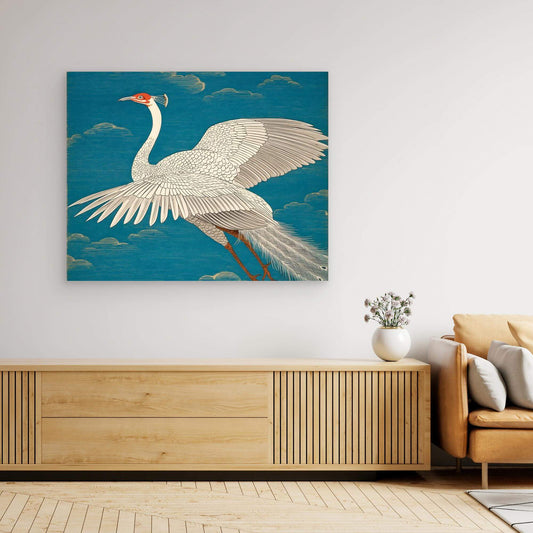 Japanese Crane Bird Art | Spread Wings Teal Sky Ukiyo-e Print