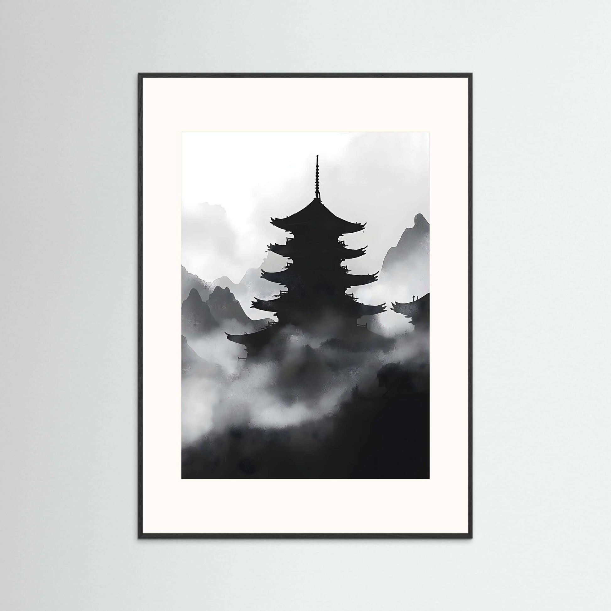 Misty Pagoda Wall Art – Japanese Ink Landscape Print for Minimalist Interiors