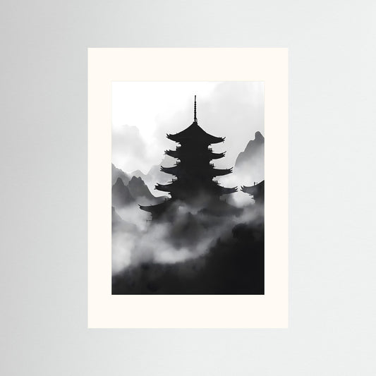 Misty Pagoda Wall Art – Japanese Ink Landscape Print for Minimalist Interiors