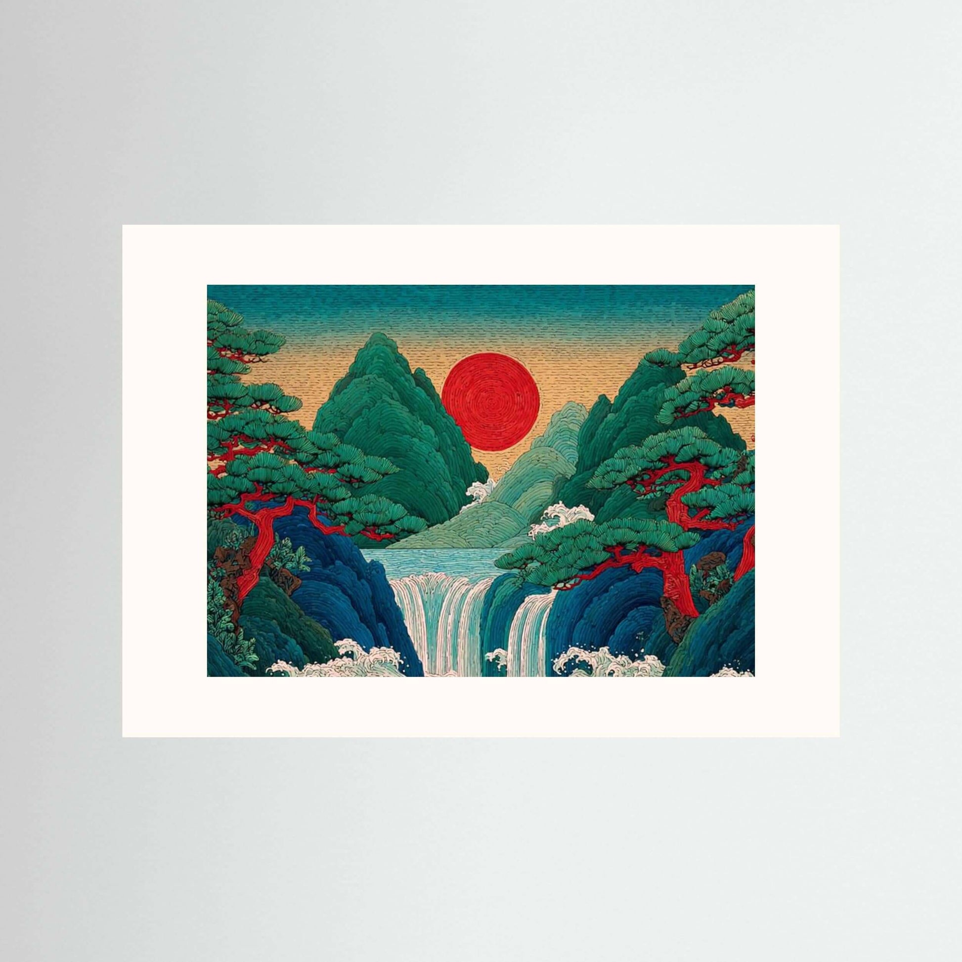 Crimson Sun Falls — Japanese Waterfall Landscape Wall Art