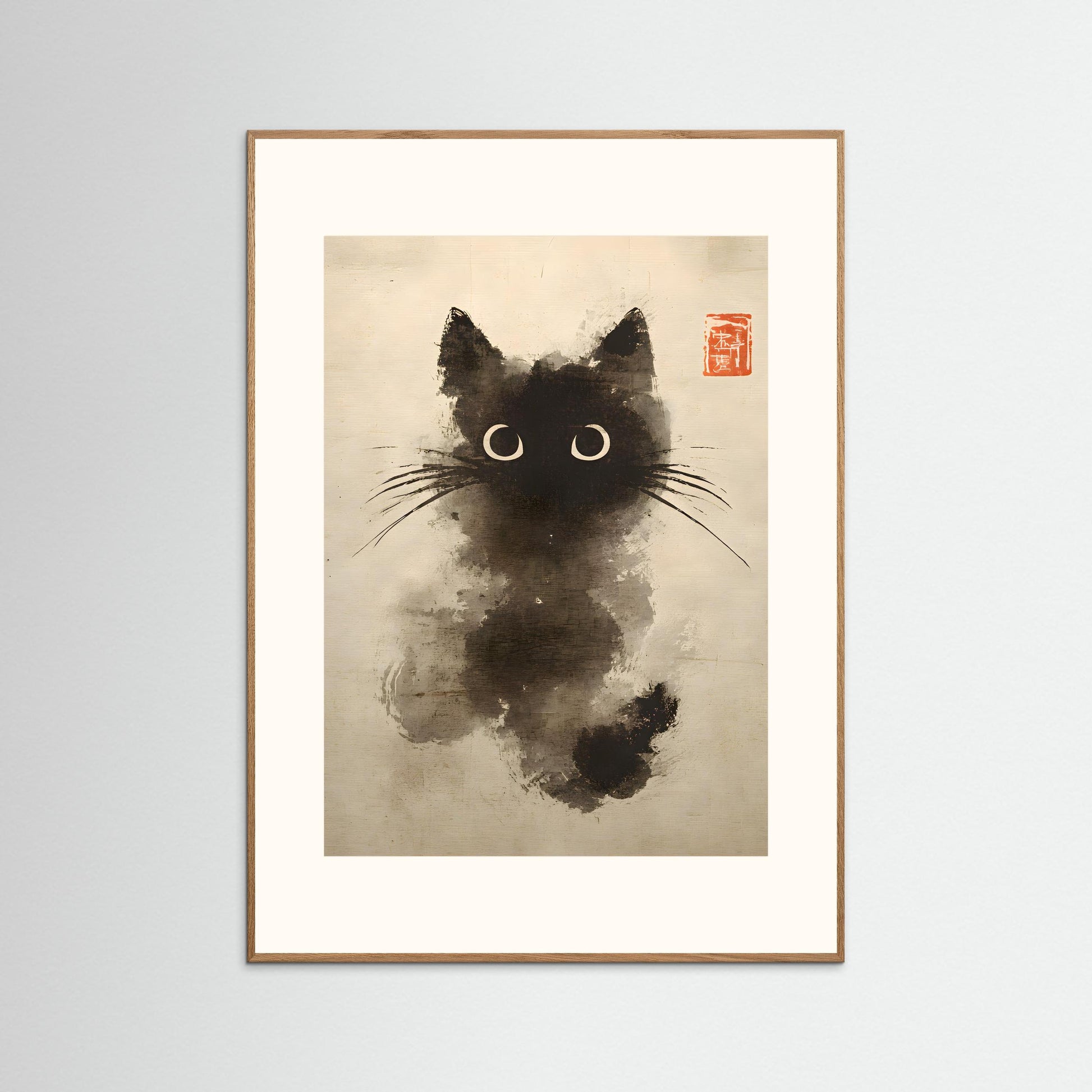 Moonlit Curiosity – Minimalist Ink Cat Wall Art