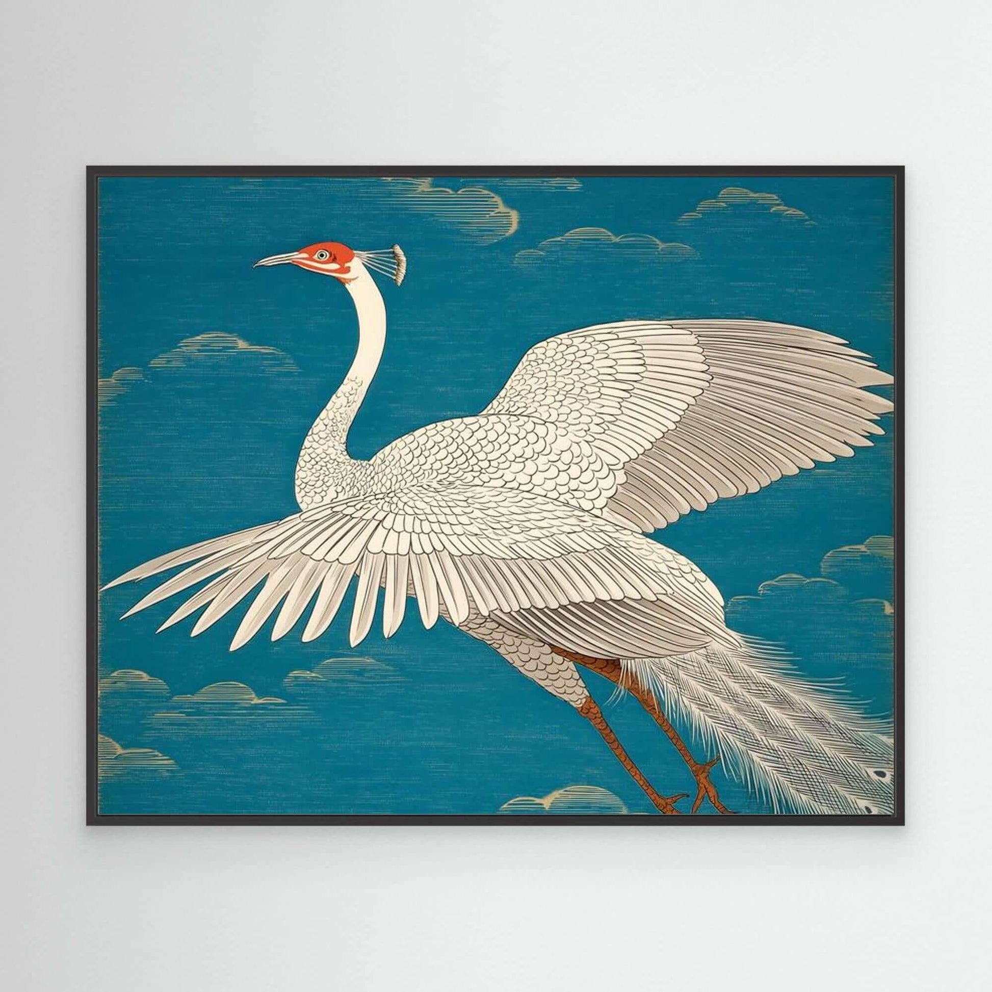Japanese Crane Bird Art | Spread Wings Teal Sky Ukiyo-e Print
