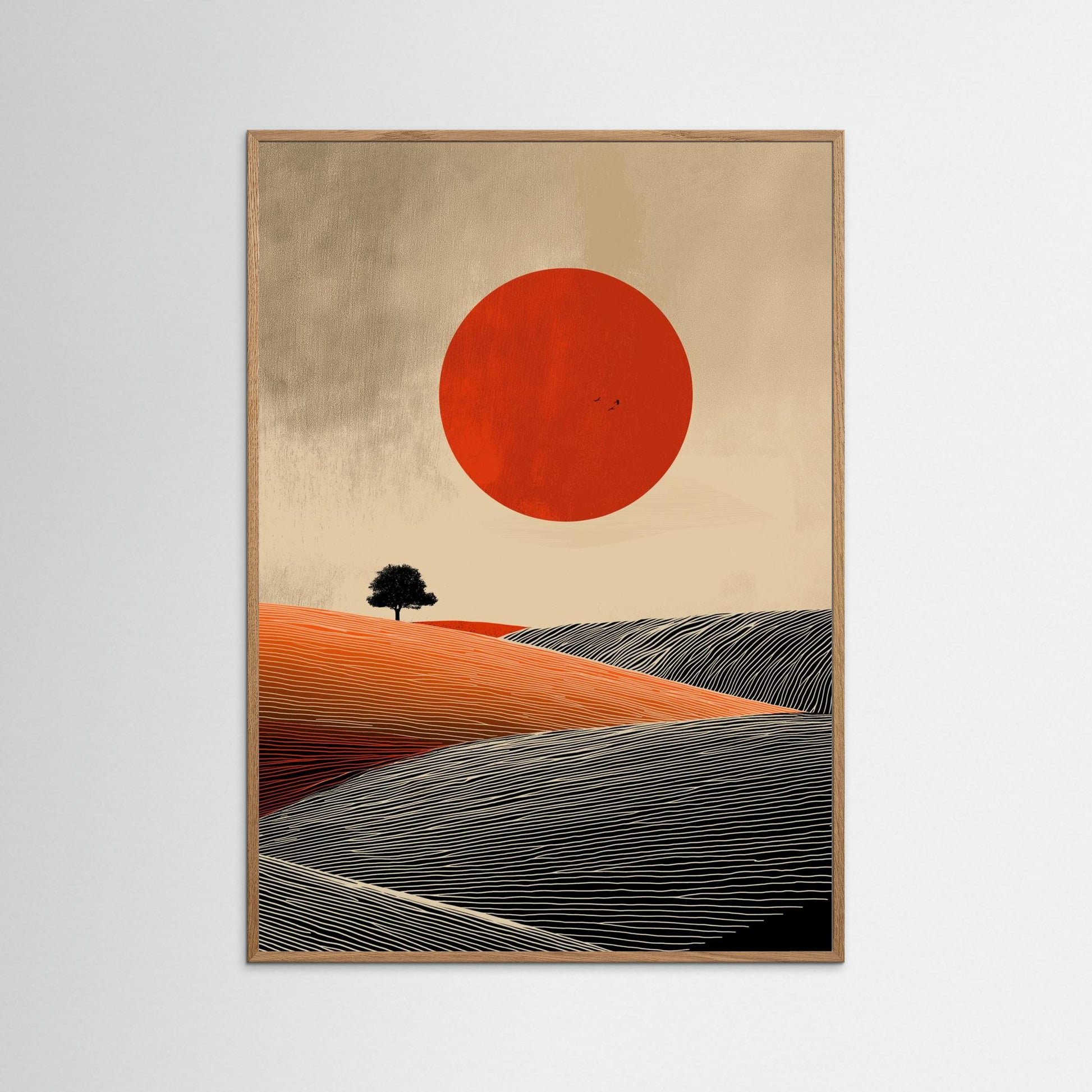 Minimalist Red Sun Landscape Wall Art – Modern Abstract Desert Print