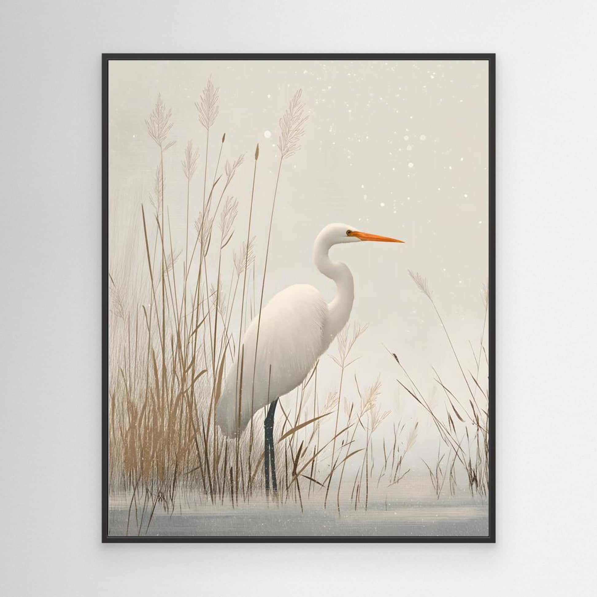 White Egret Winter Reeds Japanese Art Print