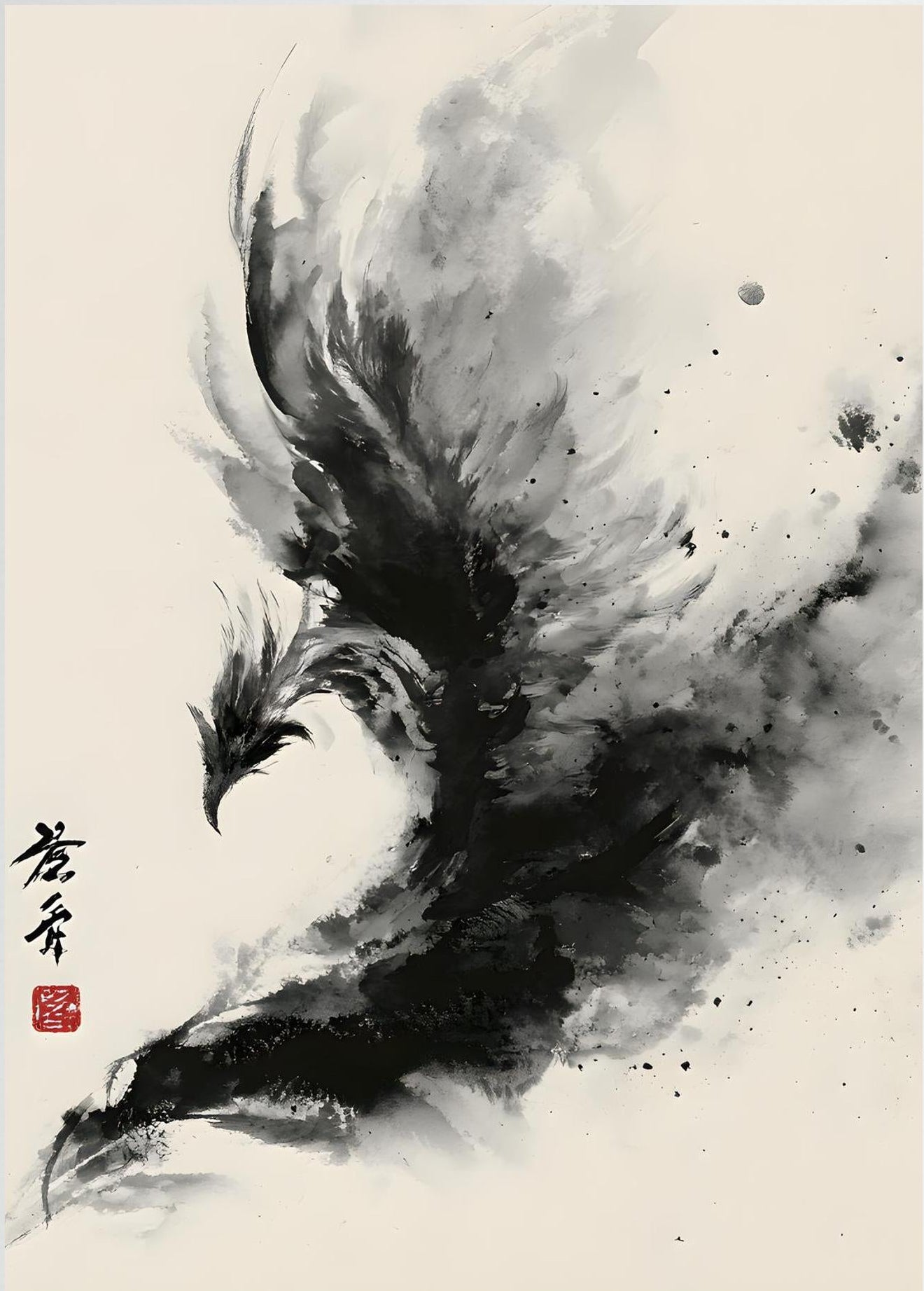 Ink Phoenix – Japanese Sumi-e Abstract Wall Art