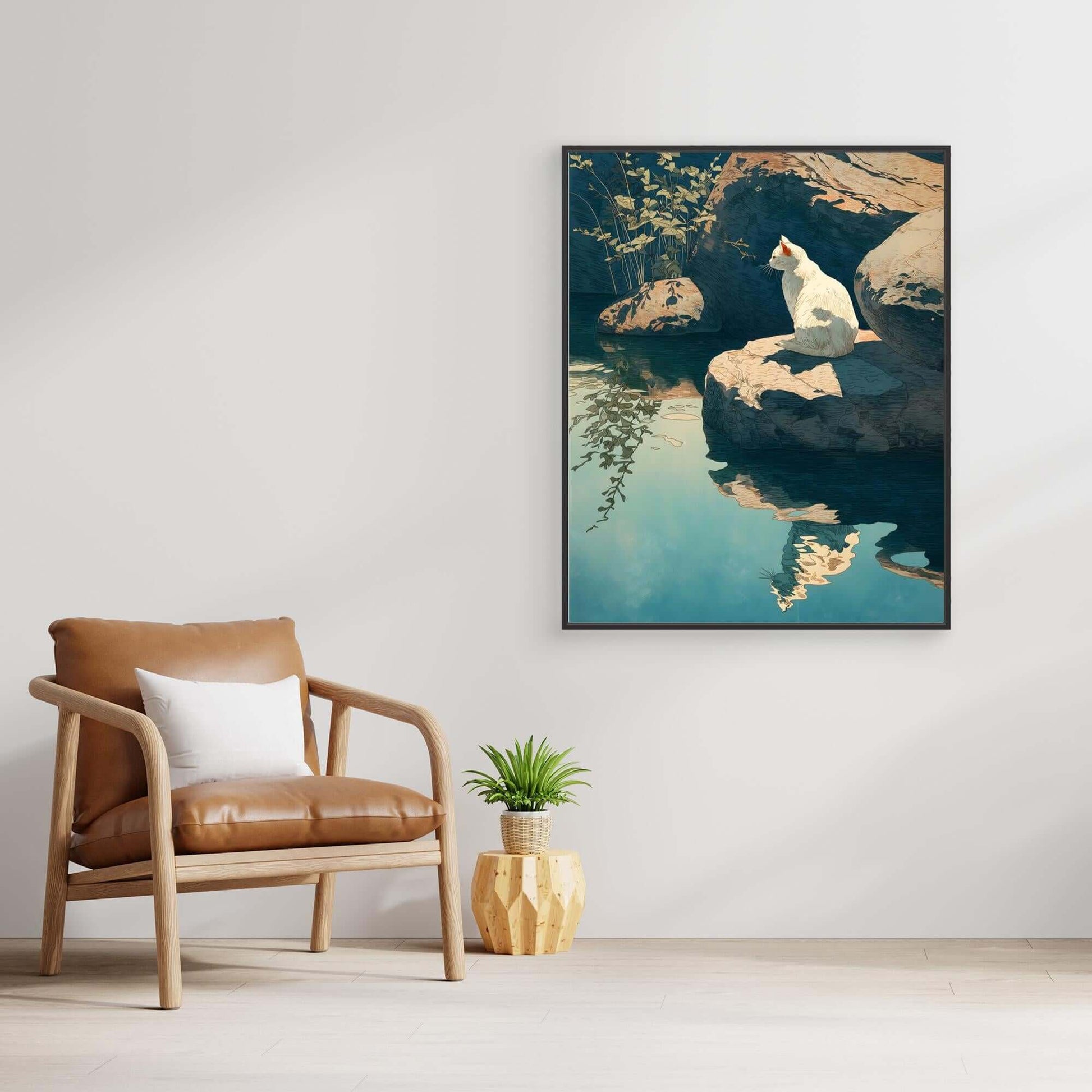Japanese Cat Art | White Cat Pond Reflection Ukiyo-e Print