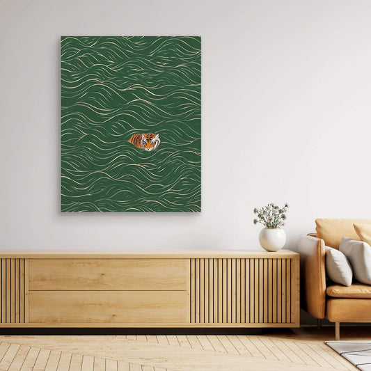 Japanese Tiger Art | Green Wave Pattern Ukiyo-e Print