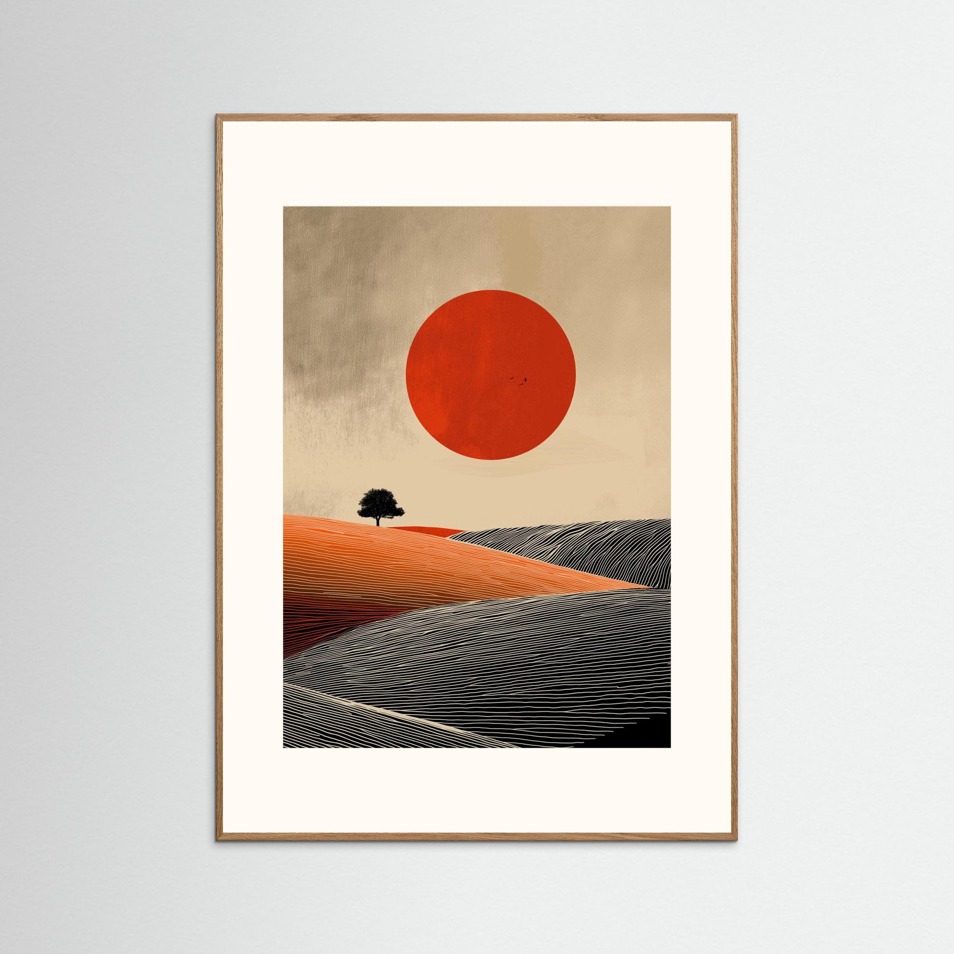 Minimalist Red Sun Landscape Wall Art – Modern Abstract Desert Print