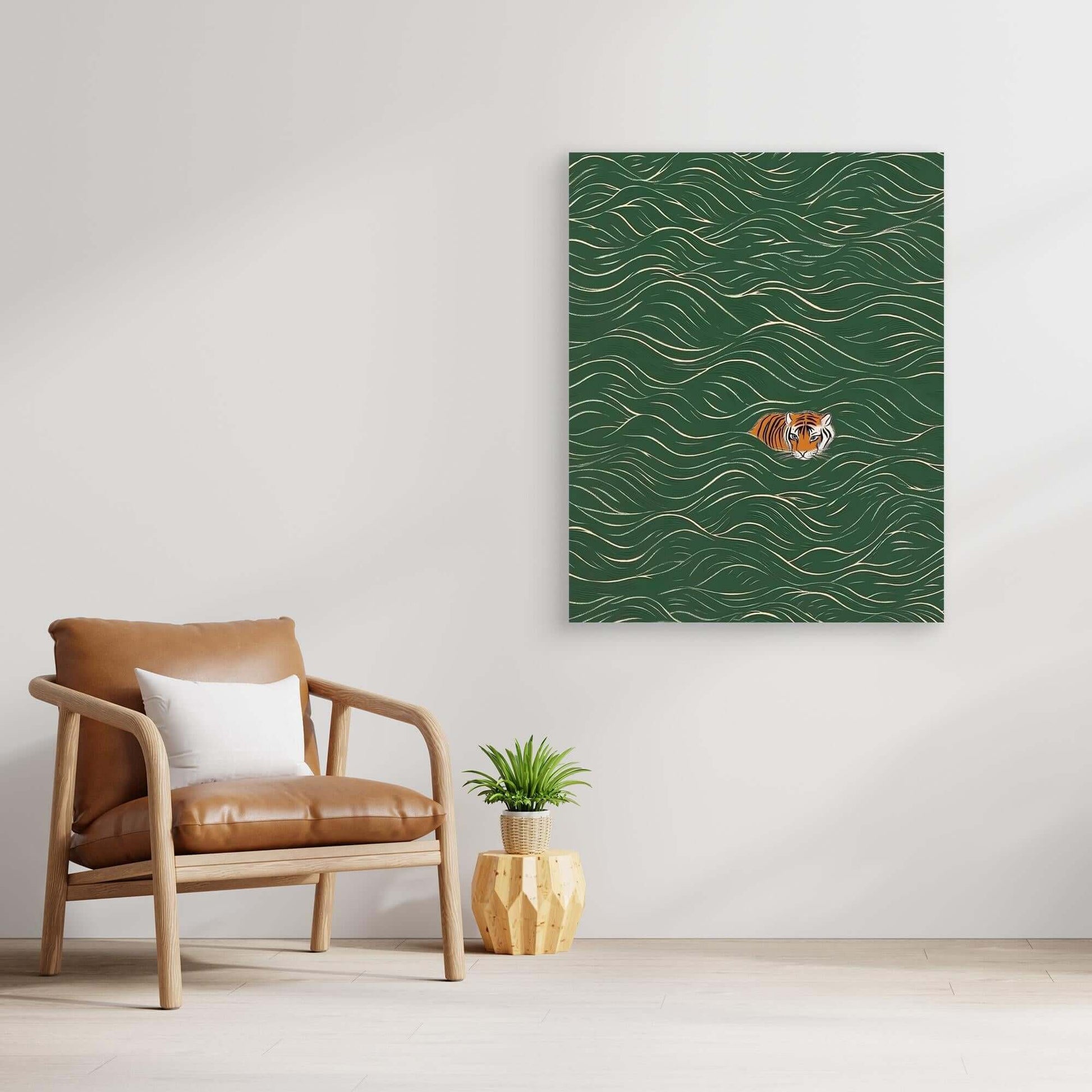 Japanese Tiger Art | Green Wave Pattern Ukiyo-e Print