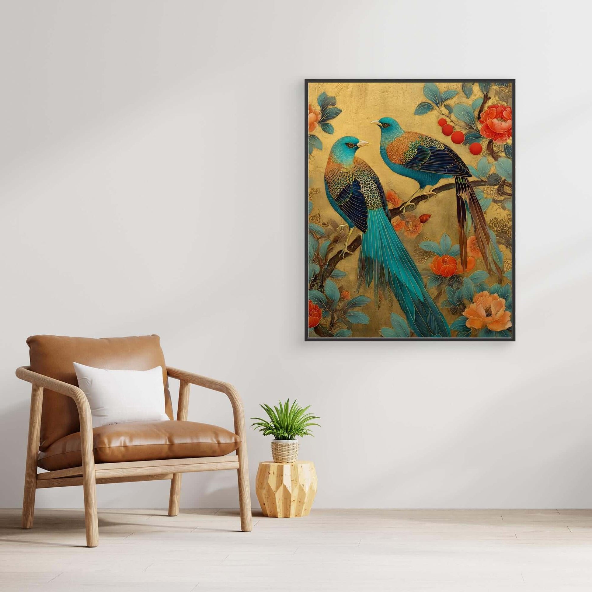 Chinese Bird Flower Painting | Magpies Peonies Gold Leaf Art