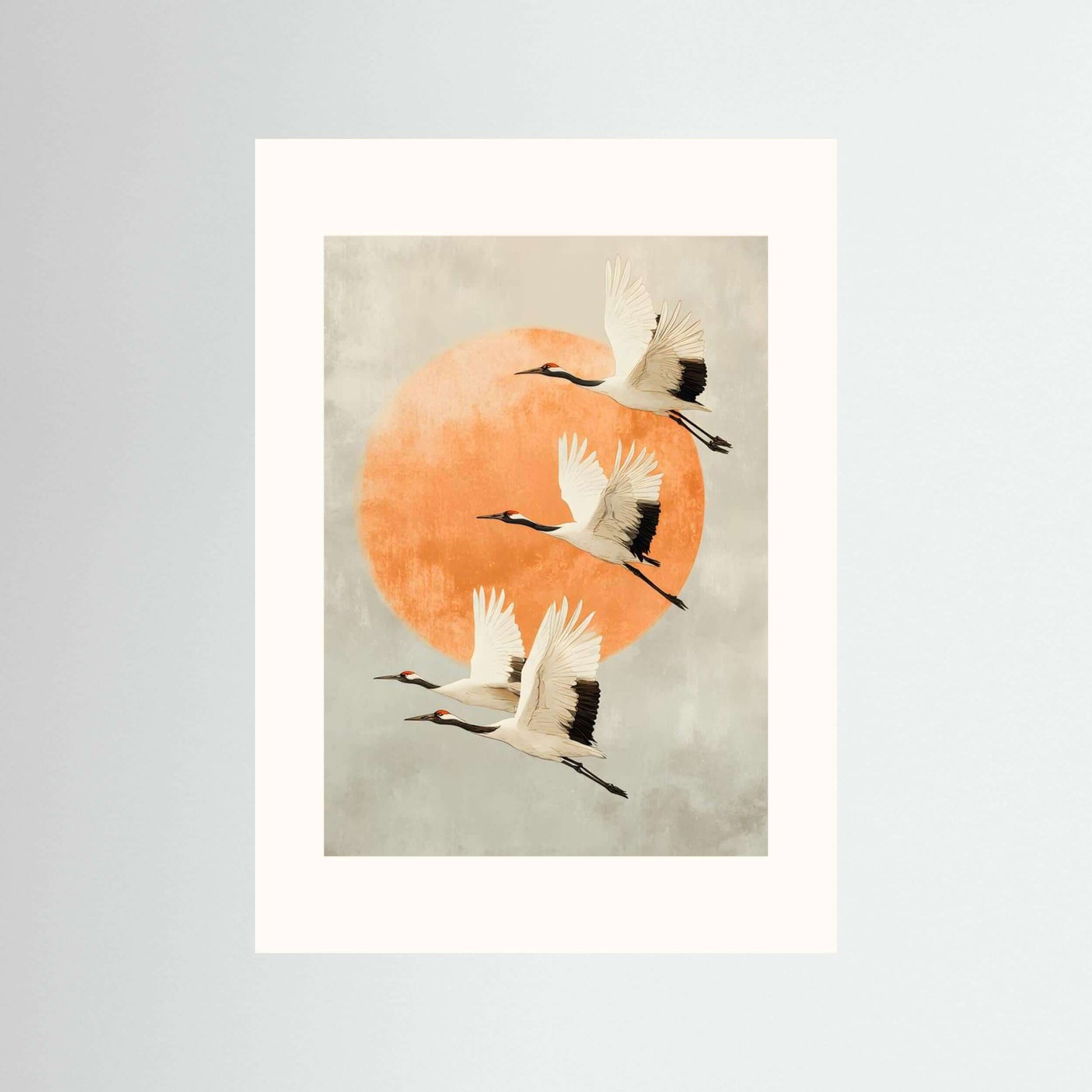 Cranes Wall Art Print featuring minimalist cranes flying against an orange circle, ideal for modern decor.