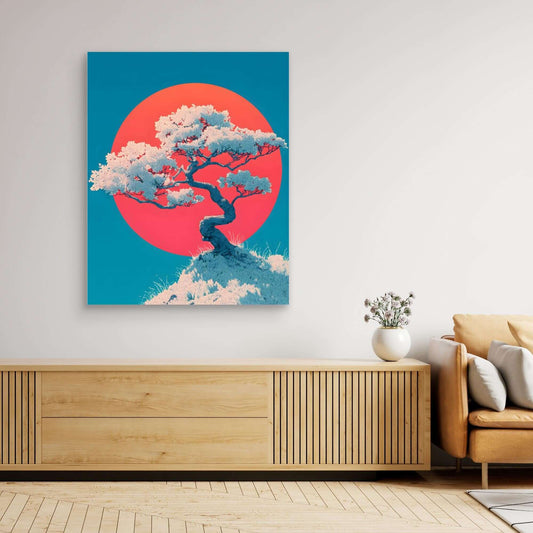 Japanese Cherry Blossom Tree Art | Red Sun Teal Background Illustration