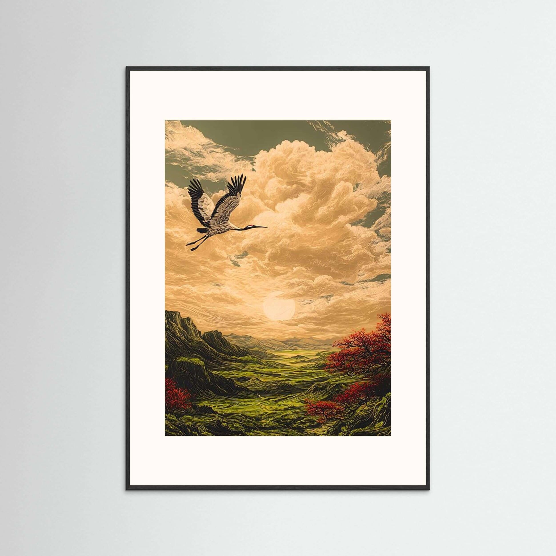 Crane Wall Art depicting a crane soaring over an emerald valley under a golden horizon with dramatic clouds.