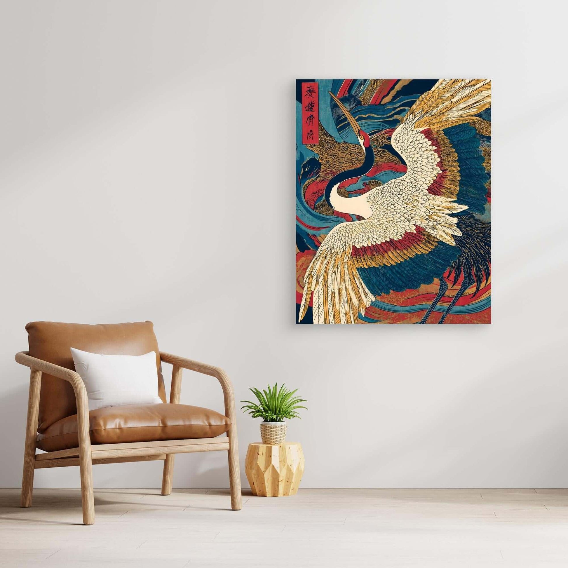 Japanese Crane Art | Bold Ukiyo-e Red Gold Bird Print