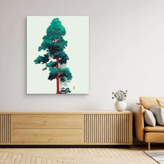 Japanese Tree Illustration | Red Trunk Green Leaves Minimalist Art