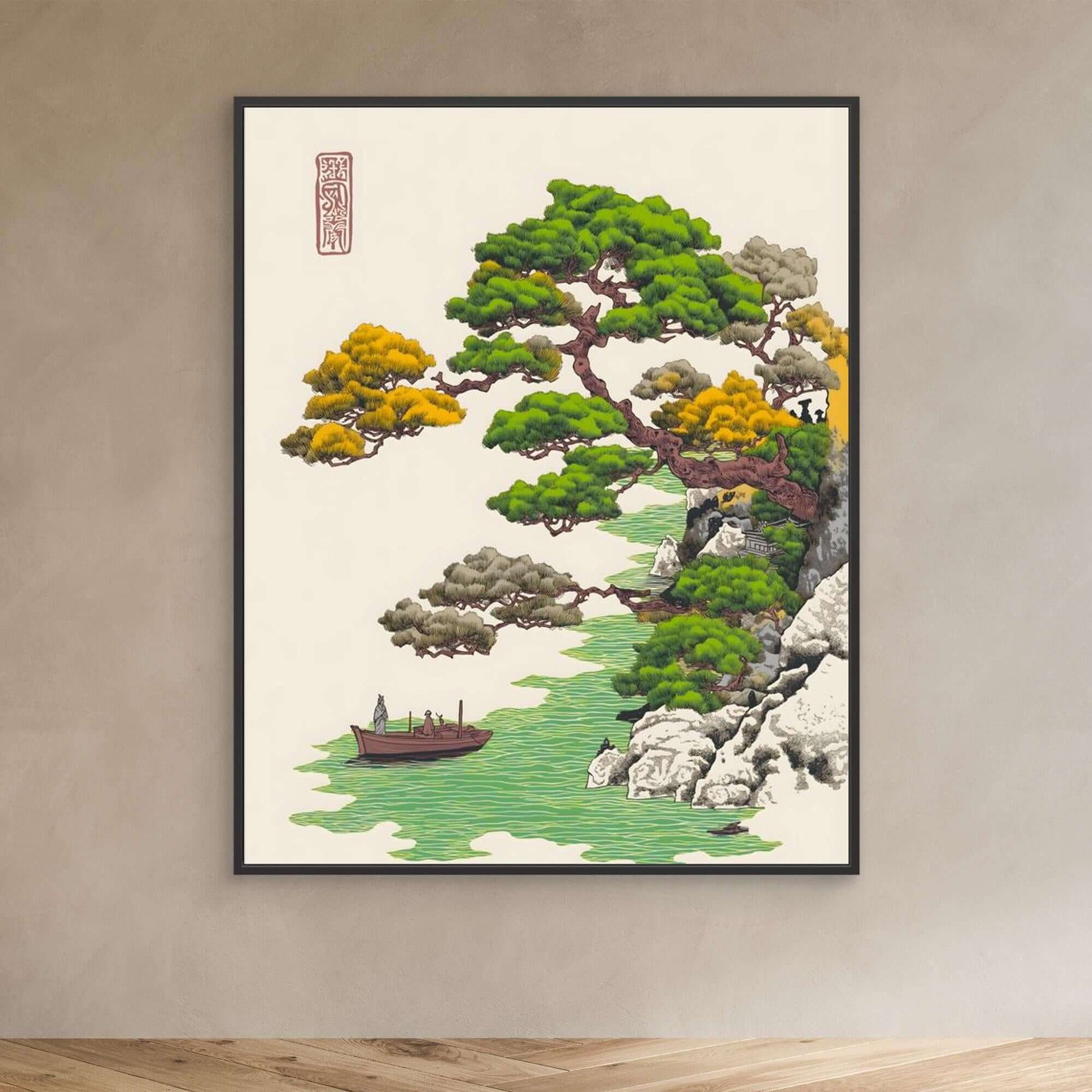 Ukiyo-e Pine Tree Landscape with Boat | Japanese Woodblock Print Art (67 characters)