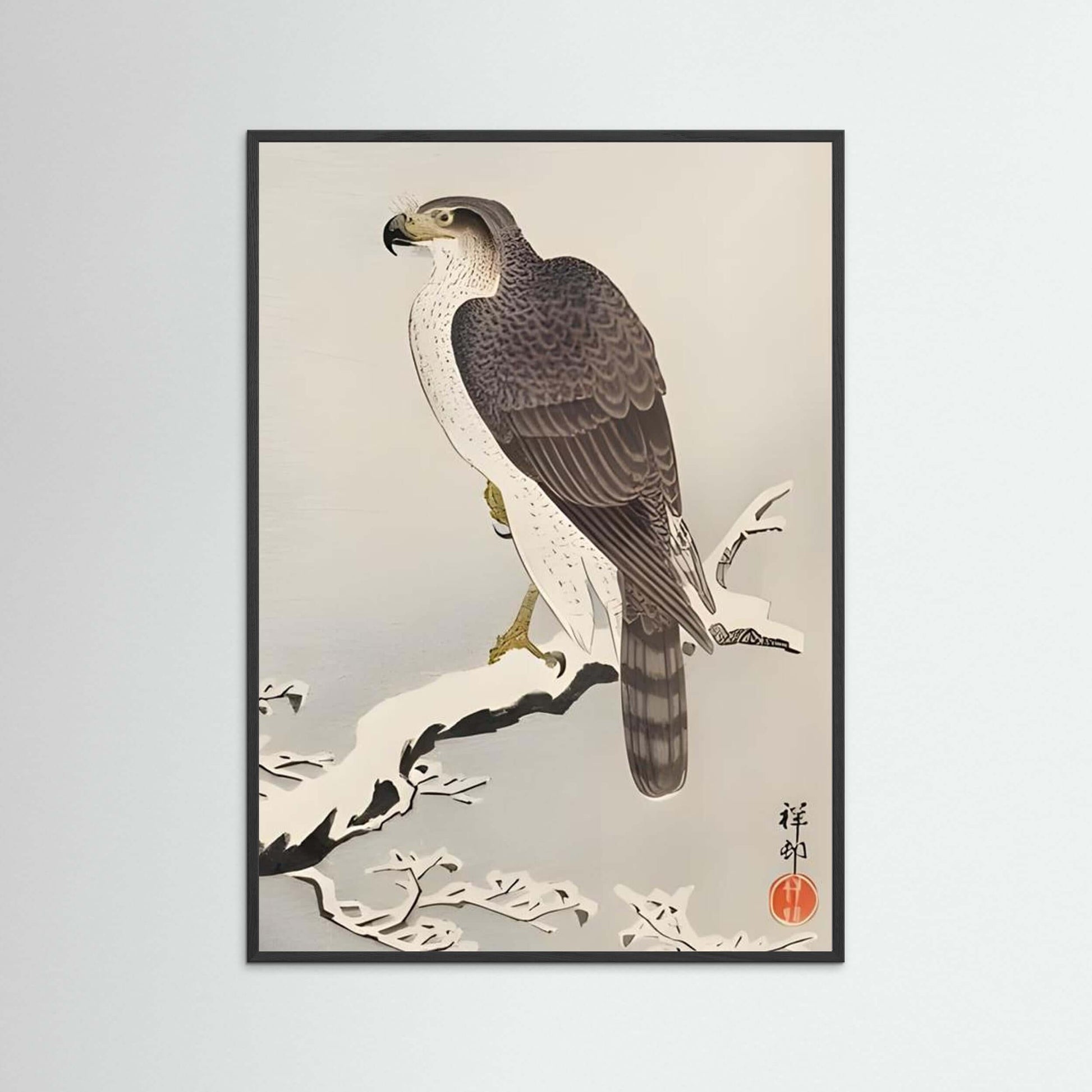 Silent Vigil — Japanese Falcon Ink Wall Art