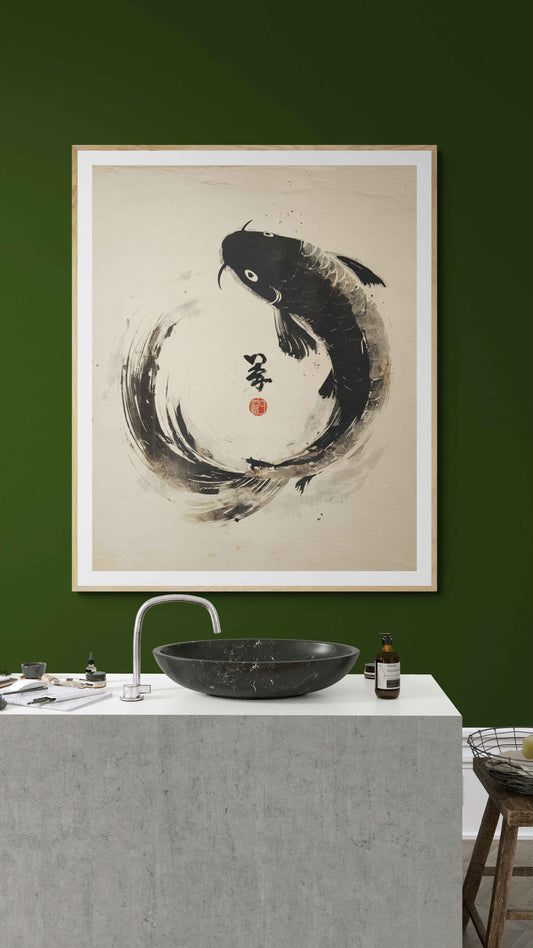 Flow of Fortune – Minimalist Ink Koi Wall Art