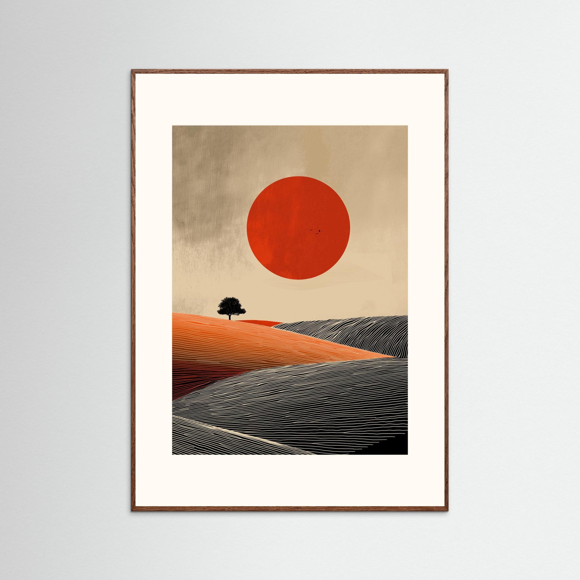 Minimalist Red Sun Landscape Wall Art – Modern Abstract Desert Print