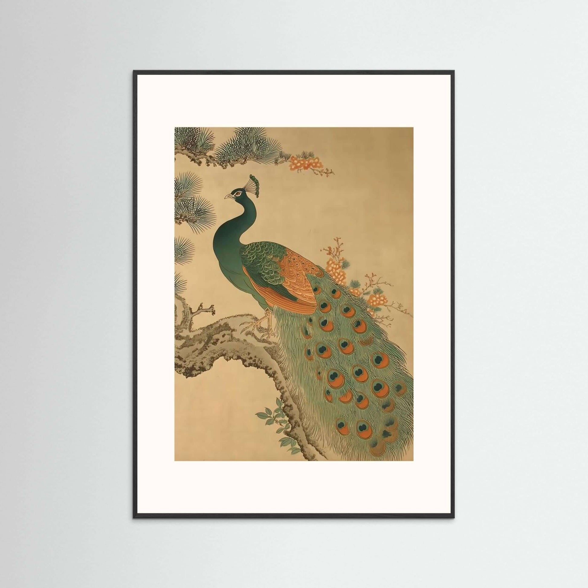 Golden Pine Peacock — Traditional Asian Peacock Wall Art Print
