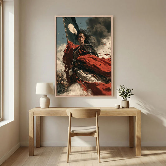 Female Samurai Wall Art – Japanese Warrior Red Cloak Print