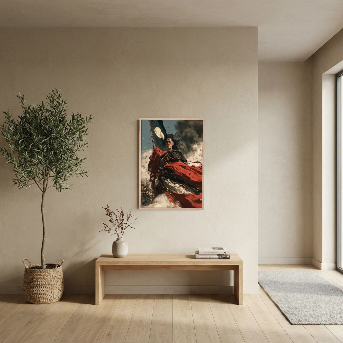 Female Samurai Wall Art – Japanese Warrior Red Cloak Print