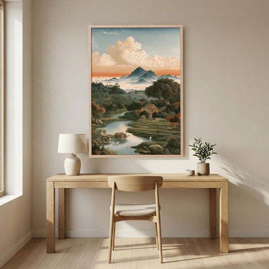 Chinese Landscape Wall Art – Mountain River Countryside Print