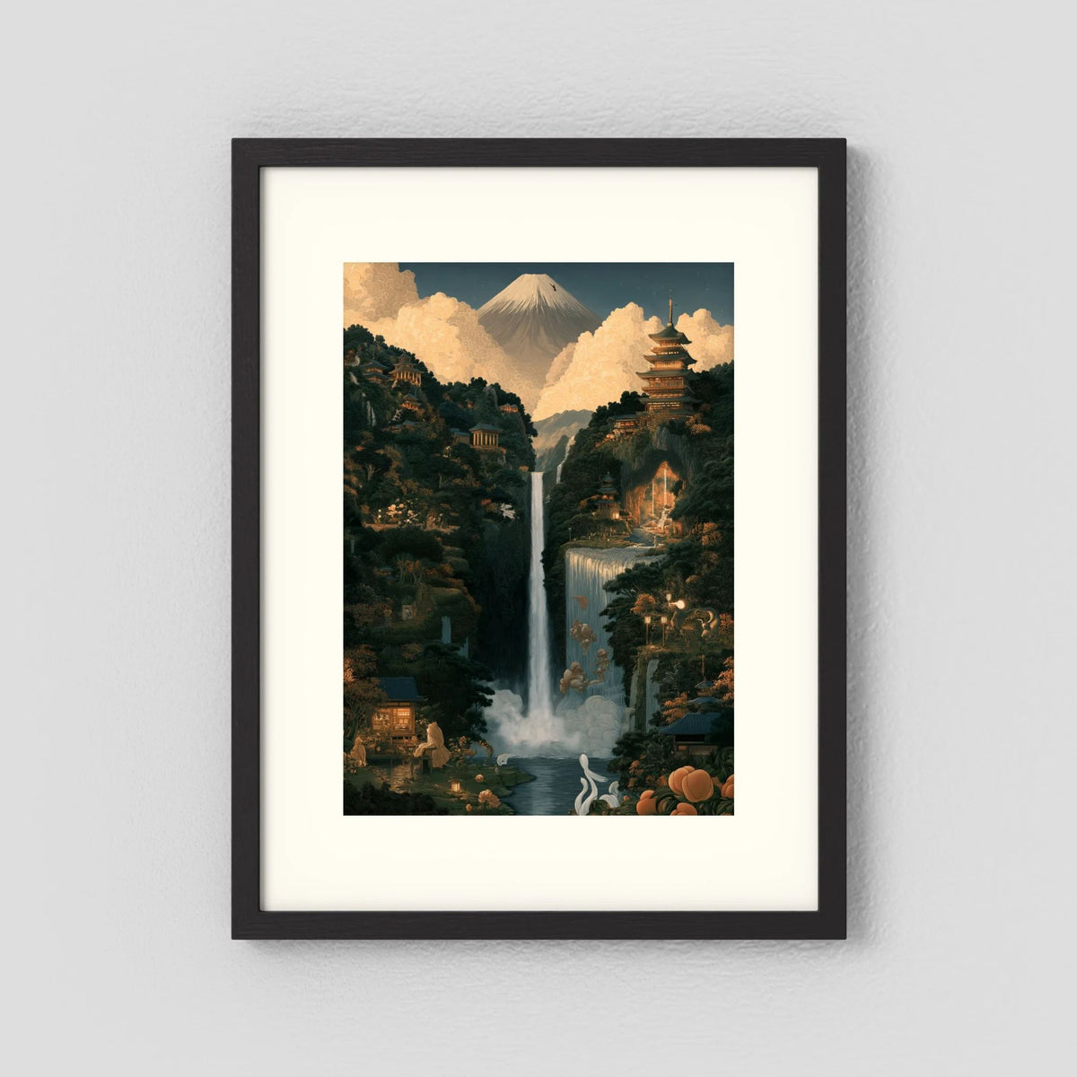 Mount Fuji Wall Art – Japanese Pagoda & Waterfall Landscape Print