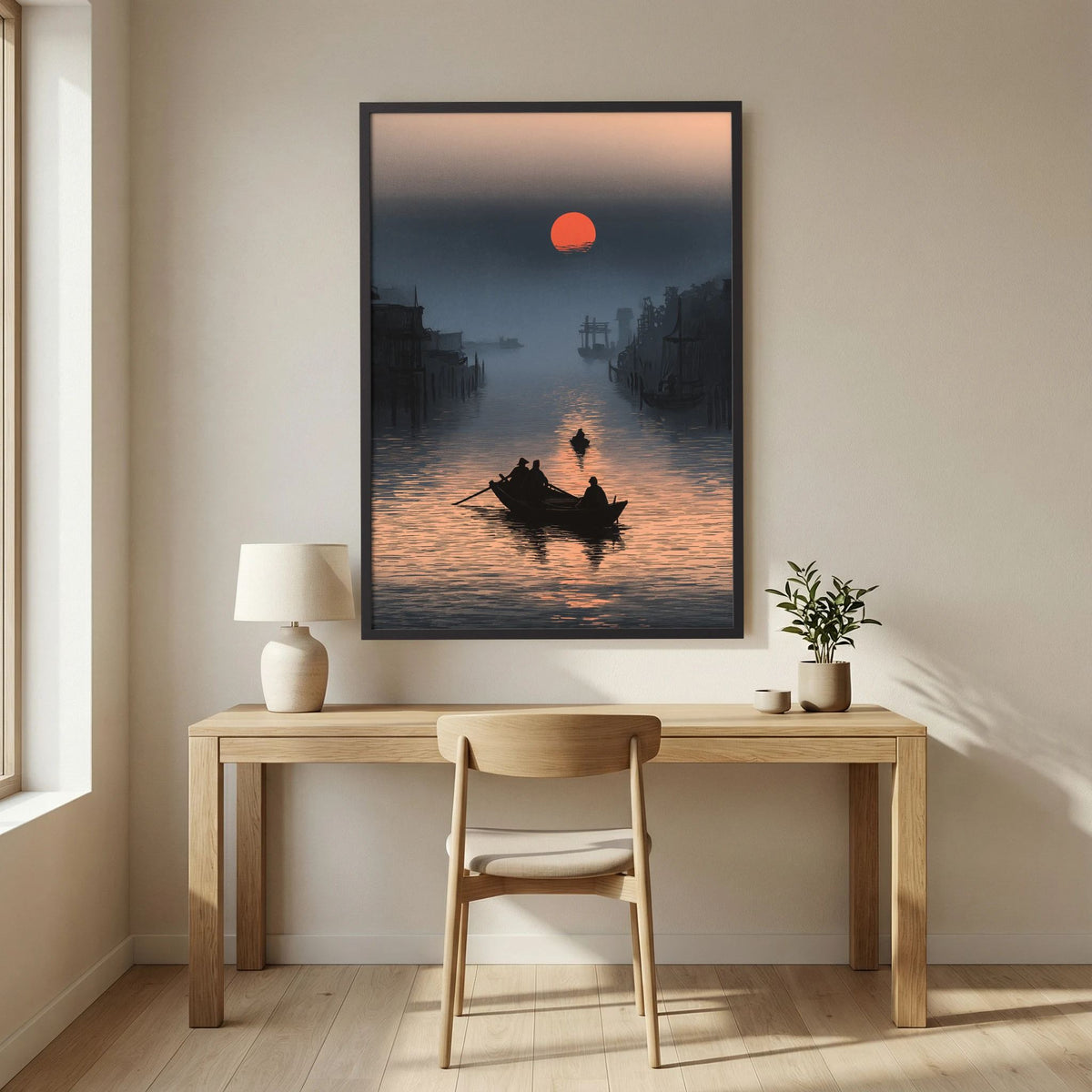 Red Sun Canal Wall Art – Asian Sunset Boat Landscape Print