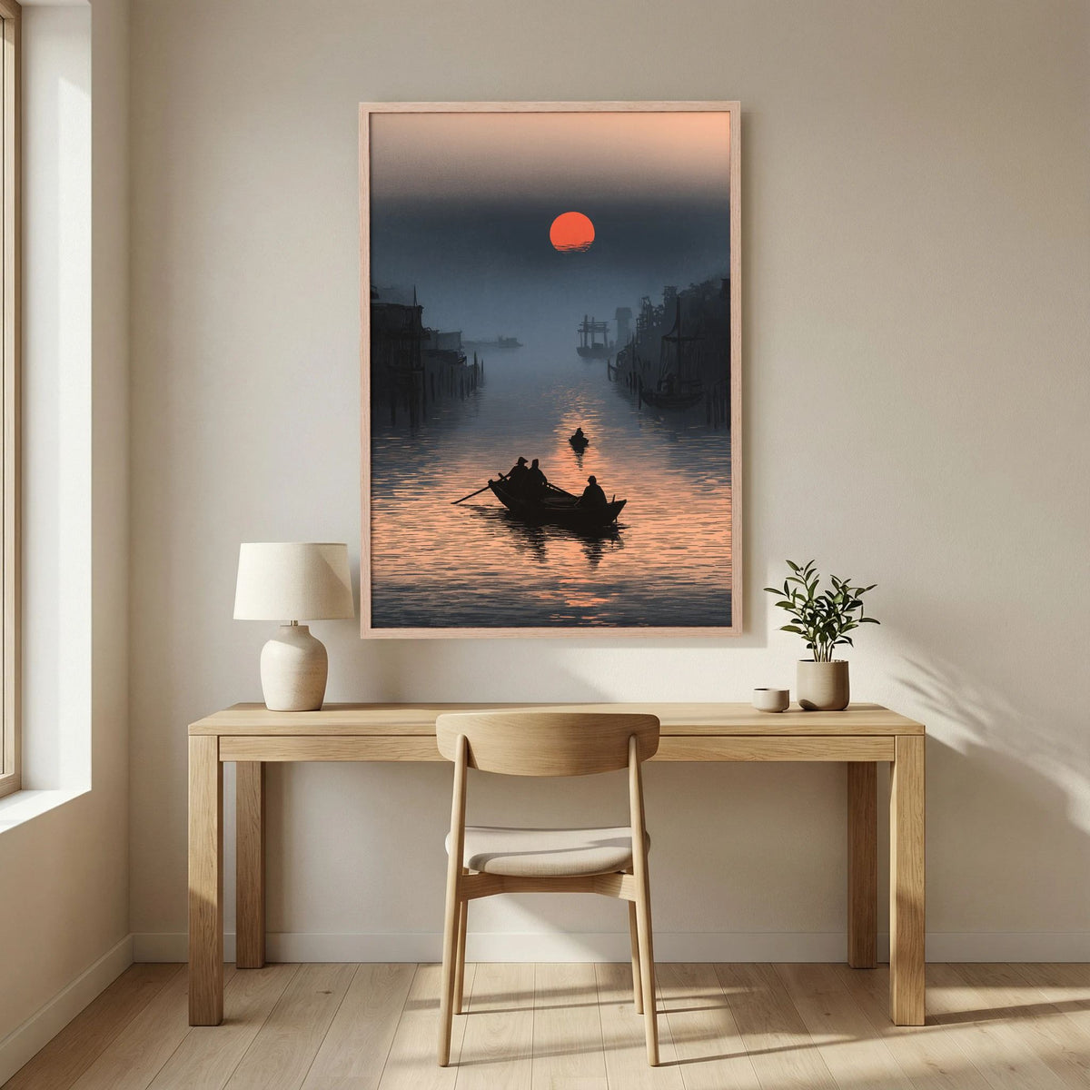 Red Sun Canal Wall Art – Asian Sunset Boat Landscape Print
