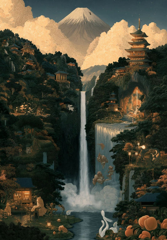 Mount Fuji Wall Art – Japanese Pagoda & Waterfall Landscape Print