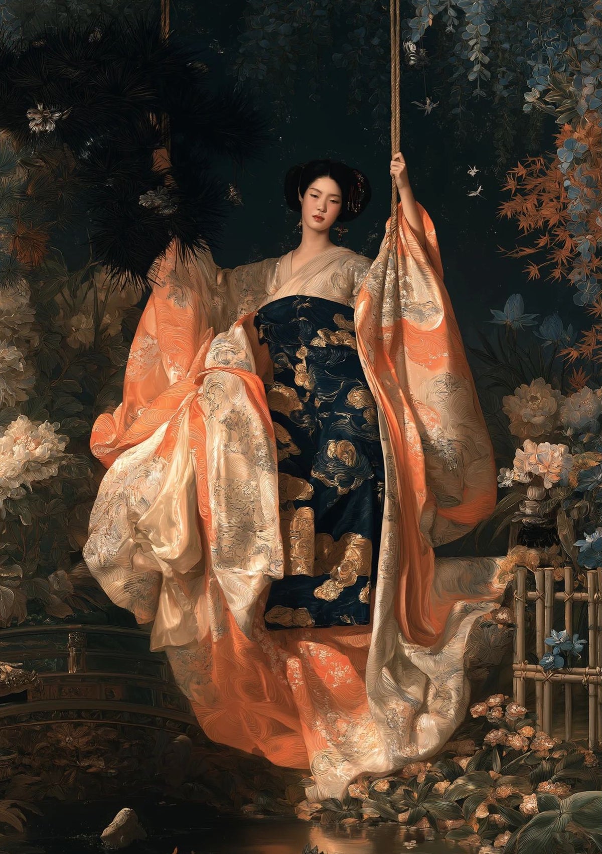 Chinese Woman Wall Art – Floral Hanfu Garden Portrait Print